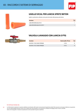 FIP ARTICOLI TECNICI SRL
18 Le informazioni contenute in questo catalistino sono basate sulle nostre conoscenze ed esperienze attuali. Non possono comunque implicare una garanzia
nè una responsabilità da parte nostra circa l’utilizzo dei nostri prodotti, non essendo le condizioni di impiego sotto il nostro controllo.
Salvo errori tipografici. É vietata la riproduzione anche parziale di questo catalistino.
83 - RACCORDI E SISTEMI DI SERRAGGIO
UGELLO VICAL PER LANCIA SPRITZ BETON
Ugello in poliuretano utilizzato come parte terminale nelle pompe spritz-beton.
Descrizione
LANCIA SPRITZ BETON-UGELLO PU F45 1
LANCIA SPRITZ BETON-UGELLO PU F45TOP“D” 1
VALVOLA LAVAGGIO CON LANCIA E PTG
Descrizione Diametro pollici x PTG mm
VALV.SFERA 1/2”X20 C/LANCIA E PORTAGOM. 1/2”X20 10
VALV.SFERA 3/4”X25 C/LANCIA E PORTAGOM. 3/4”X25 10
 
