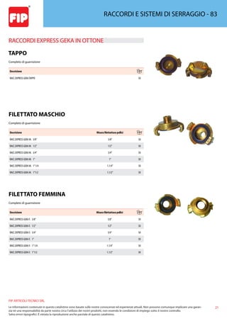 21
FIP ARTICOLI TECNICI SRL
Le informazioni contenute in questo catalistino sono basate sulle nostre conoscenze ed esperienze attuali. Non possono comunque implicare una garan-
zia nè una responsabilità da parte nostra circa l’utilizzo dei nostri prodotti, non essendo le condizioni di impiego sotto il nostro controllo.
Salvo errori tipografici. É vietata la riproduzione anche parziale di questo catalistino.
RACCORDI E SISTEMI DI SERRAGGIO - 83
RACCORDI EXPRESS GEKA IN OTTONE 
TAPPO
Completo di guarnizione
Descrizione
RACC.EXPRESS GEKATAPPO 50
FILETTATO MASCHIO
Completo di guarnizione
Descrizione Misura filettattura pollici
RACC.EXPRESS GEKA M. 3/8” 3/8” 50
RACC.EXPRESS GEKA M. 1/2” 1/2” 50
RACC.EXPRESS GEKA M. 3/4” 3/4” 50
RACC.EXPRESS GEKA M. 1” 1” 50
RACC.EXPRESS GEKA M. 1”1/4 1.1/4” 50
RACC.EXPRESS GEKA M. 1”1/2 1.1/2” 50
FILETTATO FEMMINA
Completo di guarnizione
Descrizione Misura filettattura pollici
RACC.EXPRESS GEKA F. 3/8” 3/8” 50
RACC.EXPRESS GEKA F. 1/2” 1/2” 50
RACC.EXPRESS GEKA F. 3/4” 3/4” 50
RACC.EXPRESS GEKA F. 1” 1” 50
RACC.EXPRESS GEKA F. 1”1/4 1.1/4” 50
RACC.EXPRESS GEKA F. 1”1/2 1.1/2” 50
 
