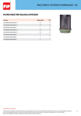 27
FIP ARTICOLI TECNICI SRL
Le informazioni contenute in questo catalistino sono basate sulle nostre conoscenze ed esperienze attuali. Non possono comunque implicare una garan-
zia nè una responsabilità da parte nostra circa l’utilizzo dei nostri prodotti, non essendo le condizioni di impiego sotto il nostro controllo.
Salvo errori tipografici. É vietata la riproduzione anche parziale di questo catalistino.
RACCORDI E SISTEMI DI SERRAGGIO - 83
FILTRO INOX PER VALVOLA RITEGNO
Descrizione Filettatura pollici
EGL-FILTRO INOX XVALVOLA RITEGNO 1/2” 1/2” 30
EGL-FILTRO INOX XVALVOLA RITEGNO 3/4” 3/4” 20
EGL-FILTRO INOX XVALVOLA RITEGNO 1” 1” 20
EGL-FILTRO INOX XVALVOLA RITEGNO 1”1/4 1.1/4” 12
EGL-FILTRO INOX XVALVOLA RITEGNO 1”1/2 1.1/2” 10
EGL-FILTRO INOX XVALVOLA RITEGNO 2” 2” 6
EGL-FILTRO INOX XVALVOLA RITEGNO 3” 3” 1
EGL-FILTRO INOX XVALVOLA RITEGNO 4” 4” 1
 