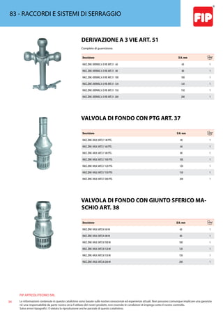FIP ARTICOLI TECNICI SRL
34 Le informazioni contenute in questo catalistino sono basate sulle nostre conoscenze ed esperienze attuali. Non possono comunque implicare una garanzia
nè una responsabilità da parte nostra circa l’utilizzo dei nostri prodotti, non essendo le condizioni di impiego sotto il nostro controllo.
Salvo errori tipografici. É vietata la riproduzione anche parziale di questo catalistino.
83 - RACCORDI E SISTEMI DI SERRAGGIO
DERIVAZIONE A 3 VIE ART. 51
Completo di guarnizione.
Descrizione D.N. mm
RACC.ZINC-DERIVAZ.A 3VIE ART.51 60 60 1
RACC.ZINC-DERIVAZ.A 3VIE ART.51 80 80 1
RACC.ZINC-DERIVAZ.A 3VIE ART.51 100 100 1
RACC.ZINC-DERIVAZ.A 3VIE ART.51 120 120 1
RACC.ZINC-DERIVAZ.A 3VIE ART.51 150 150 1
RACC.ZINC-DERIVAZ.A 3VIE ART.51 200 200 1
VALVOLA DI FONDO CON PTG ART. 37
Descrizione D.N. mm
RACC.ZINC-VALV. ART.37 48 PTG 48 1
RACC.ZINC-VALV. ART.37 60 PTG 60 1
RACC.ZINC-VALV. ART.37 80 PTG 80 1
RACC.ZINC-VALV. ART.37 100 PTG 100 1
RACC.ZINC-VALV. ART.37 120 PTG 120 1
RACC.ZINC-VALV. ART.37 150 PTG 150 1
RACC.ZINC-VALV. ART.37 200 PTG 200 1
VALVOLA DI FONDO CON GIUNTO SFERICO MA-
SCHIO ART. 38
Descrizione D.N. mm
RACC.ZINC-VALV. ART.38 60 M 60 1
RACC.ZINC-VALV. ART.38 80 M 80 1
RACC.ZINC-VALV. ART.38 100 M 100 1
RACC.ZINC-VALV. ART.38 120 M 120 1
RACC.ZINC-VALV. ART.38 150 M 150 1
RACC.ZINC-VALV. ART.38 200 M 200 1
 