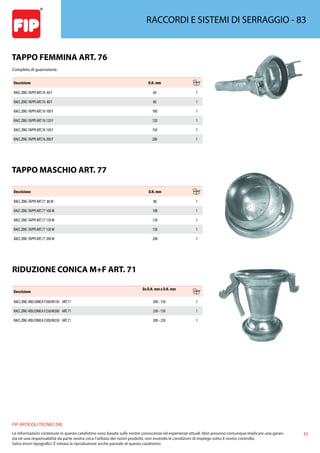 35
FIP ARTICOLI TECNICI SRL
Le informazioni contenute in questo catalistino sono basate sulle nostre conoscenze ed esperienze attuali. Non possono comunque implicare una garan-
zia nè una responsabilità da parte nostra circa l’utilizzo dei nostri prodotti, non essendo le condizioni di impiego sotto il nostro controllo.
Salvo errori tipografici. É vietata la riproduzione anche parziale di questo catalistino.
RACCORDI E SISTEMI DI SERRAGGIO - 83
TAPPO FEMMINA ART. 76
Completo di guarnizione.
Descrizione D.N. mm
RACC.ZINC-TAPPI ART.76 60 F 60 1
RACC.ZINC-TAPPI ART.76 80 F 80 1
RACC.ZINC-TAPPI ART.76 100 F 100 1
RACC.ZINC-TAPPI ART.76 120 F 120 1
RACC.ZINC-TAPPI ART.76 150 F 150 1
RACC.ZINC-TAPPI ART.76 200 F 200 1
TAPPO MASCHIO ART. 77
Descrizione D.N. mm
RACC.ZINC-TAPPI ART.77 80 M 80 1
RACC.ZINC-TAPPI ART.77 100 M 100 1
RACC.ZINC-TAPPI ART.77 120 M 120 1
RACC.ZINC-TAPPI ART.77 150 M 150 1
RACC.ZINC-TAPPI ART.77 200 M 200 1
RIDUZIONE CONICA M+F ART. 71
Descrizione
Da D.N. mm a D.N. mm
RACC.ZINC-RID.CONICA F200/M150 ART.71 200 - 150 1
RACC.ZINC-RID.CONICA F250/M200 ART.71 250 - 150 1
RACC.ZINC-RID.CONICA F300/M250 ART.71 300 - 250 1
 