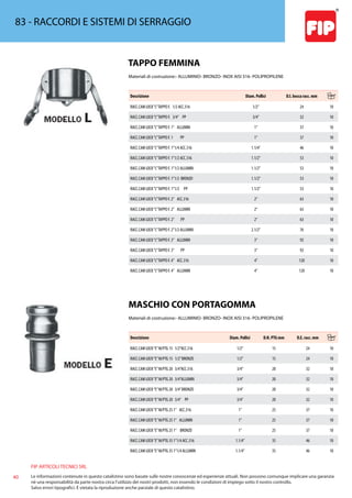 FIP ARTICOLI TECNICI SRL
40 Le informazioni contenute in questo catalistino sono basate sulle nostre conoscenze ed esperienze attuali. Non possono comunque implicare una garanzia
nè una responsabilità da parte nostra circa l’utilizzo dei nostri prodotti, non essendo le condizioni di impiego sotto il nostro controllo.
Salvo errori tipografici. É vietata la riproduzione anche parziale di questo catalistino.
83 - RACCORDI E SISTEMI DI SERRAGGIO
TAPPO FEMMINA
Materiali di costruzione:- ALLUMINIO- BRONZO- INOX AISI 316- POLIPROPILENE
Descrizione Diam. Pollici D.I. bocca racc. mm
RACC.CAM LOCK“L”TAPPO F. 1/2 ACC.316 1/2” 24 10
RACC.CAM LOCK“L”TAPPO F. 3/4” PP 3/4” 32 10
RACC.CAM LOCK“L”TAPPO F. 1” ALLUMIN 1” 37 10
RACC.CAM LOCK“L”TAPPO F. 1 PP 1” 37 10
RACC.CAM LOCK“L”TAPPO F. 1”1/4 ACC.316 1.1/4” 46 10
RACC.CAM LOCK“L”TAPPO F. 1”1/2 ACC.316 1.1/2” 53 10
RACC.CAM LOCK“L”TAPPO F. 1”1/2 ALLUMIN 1.1/2” 53 10
RACC.CAM LOCK“L”TAPPO F. 1”1/2 BRONZO 1.1/2” 53 10
RACC.CAM LOCK“L”TAPPO F. 1”1/2 PP 1.1/2” 53 10
RACC.CAM LOCK“L”TAPPO F. 2” ACC.316 2” 63 10
RACC.CAM LOCK“L”TAPPO F. 2” ALLUMIN 2” 63 10
RACC.CAM LOCK“L”TAPPO F. 2” PP 2” 63 10
RACC.CAM LOCK“L”TAPPO F. 2”1/2 ALLUMIN 2.1/2” 76 10
RACC.CAM LOCK“L”TAPPO F. 3” ALLUMIN 3” 92 10
RACC.CAM LOCK“L”TAPPO F. 3” PP 3” 92 10
RACC.CAM LOCK“L”TAPPO F. 4” ACC.316 4” 120 10
RACC.CAM LOCK“L”TAPPO F. 4” ALLUMIN 4” 120 10
MASCHIO CON PORTAGOMMA
Materiali di costruzione:- ALLUMINIO- BRONZO- INOX AISI 316- POLIPROPILENE
Descrizione Diam. Pollici D.N. PTG mm D.E. racc. mm
RACC.CAM LOCK“E”M/PTG 15 1/2”ACC.316 1/2” 15 24 10
RACC.CAM LOCK“E”M/PTG 15 1/2”BRONZO 1/2” 15 24 10
RACC.CAM LOCK“E”M/PTG 20 3/4”ACC.316 3/4” 20 32 10
RACC.CAM LOCK“E”M/PTG 20 3/4”ALLUMIN 3/4” 20 32 10
RACC.CAM LOCK“E”M/PTG 20 3/4”BRONZO 3/4” 20 32 10
RACC.CAM LOCK“E”M/PTG 20 3/4” PP 3/4” 20 32 10
RACC.CAM LOCK“E”M/PTG 25 1” ACC.316 1” 25 37 10
RACC.CAM LOCK“E”M/PTG 25 1” ALLUMIN 1” 25 37 10
RACC.CAM LOCK“E”M/PTG 25 1” BRONZO 1” 25 37 10
RACC.CAM LOCK“E”M/PTG 35 1”1/4 ACC.316 1.1/4” 35 46 10
RACC.CAM LOCK“E”M/PTG 35 1”1/4 ALLUMIN 1.1/4” 35 46 10
 