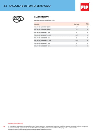 FIP ARTICOLI TECNICI SRL
44 Le informazioni contenute in questo catalistino sono basate sulle nostre conoscenze ed esperienze attuali. Non possono comunque implicare una garanzia
nè una responsabilità da parte nostra circa l’utilizzo dei nostri prodotti, non essendo le condizioni di impiego sotto il nostro controllo.
Salvo errori tipografici. É vietata la riproduzione anche parziale di questo catalistino.
83 - RACCORDI E SISTEMI DI SERRAGGIO
GUARNIZIONI
Speciali su richiesta: Dutral, Viton®, PTFE
Descrizione Diam. Pollici
RACC.CAM LOCK-GUARNIZIONI 1/2”BUNA 1/2” 10
RACC.CAM LOCK-GUARNIZIONI 3/4”BUNA 3/4” 10
RACC.CAM LOCK-GUARNIZIONI 1” BUNA 1” 10
RACC.CAM LOCK-GUARNIZIONI 1”1/4 BUNA 1.1/4” 10
RACC.CAM LOCK-GUARNIZIONI 2” BUNA 2” 10
RACC.CAM LOCK-GUARNIZIONI 2”1/2 BUNA 2.1/2” 10
RACC.CAM LOCK-GUARNIZIONI 3” BUNA 3” 10
RACC.CAM LOCK-GUARNIZIONI 4” BUNA 4” 10
 