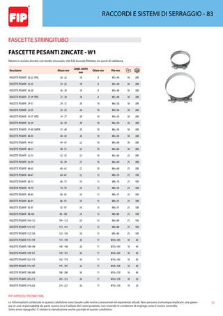 51
FIP ARTICOLI TECNICI SRL
Le informazioni contenute in questo catalistino sono basate sulle nostre conoscenze ed esperienze attuali. Non possono comunque implicare una garan-
zia nè una responsabilità da parte nostra circa l’utilizzo dei nostri prodotti, non essendo le condizioni di impiego sotto il nostro controllo.
Salvo errori tipografici. É vietata la riproduzione anche parziale di questo catalistino.
RACCORDI E SISTEMI DI SERRAGGIO - 83
FASCETTE STRINGITUBO 
FASCETTE PESANTI ZINCATE - W1
Nastro in acciaio zincato con bordo smussato, vite 8.8, bussola filettata, tre punti di saldatura.
Descrizione Misure mm
Largh. nastro
mm
Chiave mm Vite mm
FASCETTE PESANTI 20-22 SPEC 20 - 22 18 8 M5 x 40 50 200
FASCETTE PESANTI 23-25 23 - 25 18 8 M5 x 40 50 200
FASCETTE PESANTI 26-28 26 - 28 18 8 M5 x 40 50 200
FASCETTE PESANTI 27-29 SPEC. 27 - 29 18 8 M5 x 40 50 200
FASCETTE PESANTI 29-31 29 - 31 20 10 M6 x 50 50 200
FASCETTE PESANTI 32-35 32 - 35 20 10 M6 x 50 50 200
FASCETTE PESANTI 34-37 SPEC. 34 - 37 20 10 M6 x 50 50 200
FASCETTE PESANTI 36-39 36 - 39 20 10 M6 x 50 50 200
FASCETTE PESANTI 37-40 SUPER 37 - 40 20 10 M6 x 50 50 200
FASCETTE PESANTI 40-43 40 - 43 20 10 M6 x 50 50 200
FASCETTE PESANTI 44-47 44 - 47 22 10 M6 x 60 50 200
FASCETTE PESANTI 48-51 48 - 51 22 10 M6 x 60 50 200
FASCETTE PESANTI 52-55 52 - 55 22 10 M6 x 60 25 200
FASCETTE PESANTI 56-59 56 - 59 22 10 M6 x 60 25 200
FASCETTE PESANTI 60-63 60 - 63 22 10 M6 x 60 25 200
FASCETTE PESANTI 64-67 64 - 67 22 13 M8 x 70 25 100
FASCETTE PESANTI 68-73 68 - 73 24 13 M8 x 70 25 100
FASCETTE PESANTI 74-79 74 - 79 24 13 M8 x 70 25 100
FASCETTE PESANTI 80-85 80 - 85 24 13 M8 x 75 25 100
FASCETTE PESANTI 86-91 86 - 91 24 13 M8 x 75 25 100
FASCETTE PESANTI 92-97 92 - 97 24 13 M8 x 75 25 100
FASCETTE PESANTI 98-103 98 - 103 24 13 M8 x 80 25 100
FASCETTE PESANTI 104-112 104 - 112 24 13 M8 x 80 25 100
FASCETTE PESANTI 113-121 113 - 121 24 13 M8 x 80 25 100
FASCETTE PESANTI 122-130 122 - 130 24 13 M8 x 80 25 100
FASCETTE PESANTI 131-139 131 - 139 26 17 M10 x 105 10 40
FASCETTE PESANTI 140-148 140 - 148 26 17 M10 x 105 10 40
FASCETTE PESANTI 149-161 149 - 161 26 17 M10 x 105 10 40
FASCETTE PESANTI 162-174 162 - 174 26 17 M10 x 105 10 40
FASCETTE PESANTI 175-187 175 - 187 26 17 M10 x 120 10 40
FASCETTE PESANTI 188-200 188 - 200 26 17 M10 x 120 10 40
FASCETTE PESANTI 201-213 201 - 213 26 17 M10 x 120 10 20
FASCETTE PESANTI 214-226 214 - 227 26 17 M10 x 120 10 20
 