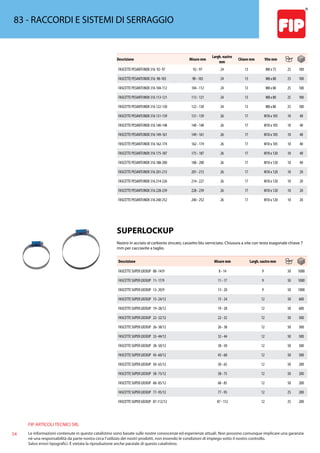 FIP ARTICOLI TECNICI SRL
54 Le informazioni contenute in questo catalistino sono basate sulle nostre conoscenze ed esperienze attuali. Non possono comunque implicare una garanzia
nè una responsabilità da parte nostra circa l’utilizzo dei nostri prodotti, non essendo le condizioni di impiego sotto il nostro controllo.
Salvo errori tipografici. É vietata la riproduzione anche parziale di questo catalistino.
83 - RACCORDI E SISTEMI DI SERRAGGIO
Descrizione Misure mm
Largh. nastro
mm
Chiave mm Vite mm
FASCETTE PESANTI INOX 316 92- 97 92 - 97 24 13 M8 x 75 25 100
FASCETTE PESANTI INOX 316 98-103 98 - 103 24 13 M8 x 80 25 100
FASCETTE PESANTI INOX 316 104-112 104 - 112 24 13 M8 x 80 25 100
FASCETTE PESANTI INOX 316 113-121 113 - 121 24 13 M8 x 80 25 100
FASCETTE PESANTI INOX 316 122-130 122 - 130 24 13 M8 x 80 25 100
FASCETTE PESANTI INOX 316 131-139 131 - 139 26 17 M10 x 105 10 40
FASCETTE PESANTI INOX 316 140-148 140 - 148 26 17 M10 x 105 10 40
FASCETTE PESANTI INOX 316 149-161 149 - 161 26 17 M10 x 105 10 40
FASCETTE PESANTI INOX 316 162-174 162 - 174 26 17 M10 x 105 10 40
FASCETTE PESANTI INOX 316 175-187 175 - 187 26 17 M10 x 120 10 40
FASCETTE PESANTI INOX 316 188-200 188 - 200 26 17 M10 x 120 10 40
FASCETTE PESANTI INOX 316 201-213 201 - 213 26 17 M10 x 120 10 20
FASCETTE PESANTI INOX 316 214-226 214 - 227 26 17 M10 x 120 10 20
FASCETTE PESANTI INOX 316 228-239 228 - 239 26 17 M10 x 120 10 20
FASCETTE PESANTI INOX 316 240-252 240 - 252 26 17 M10 x 120 10 20
SUPERLOCKUP
Nastro in acciaio al carbonio zincato, cassetto blu verniciato. Chiusura a vite con testa esagonale chiave 7
mm per cacciavite a taglio.
Descrizione Misure mm Largh. nastro mm
FASCETTE SUPER LOCKUP 08- 14/9 8 - 14 9 50 1000
FASCETTE SUPER LOCKUP 11- 17/9 11 - 17 9 50 1000
FASCETTE SUPER LOCKUP 13- 20/9 13 - 20 9 50 1000
FASCETTE SUPER LOCKUP 15- 24/12 15 - 24 12 50 600
FASCETTE SUPER LOCKUP 19- 28/12 19 - 28 12 50 600
FASCETTE SUPER LOCKUP 22- 32/12 22 - 32 12 50 500
FASCETTE SUPER LOCKUP 26- 38/12 26 - 38 12 50 500
FASCETTE SUPER LOCKUP 32- 44/12 32 - 44 12 50 500
FASCETTE SUPER LOCKUP 38- 50/12 38 - 50 12 50 500
FASCETTE SUPER LOCKUP 45- 60/12 45 - 60 12 50 500
FASCETTE SUPER LOCKUP 50- 65/12 50 - 65 12 50 200
FASCETTE SUPER LOCKUP 58- 75/12 58 - 75 12 50 200
FASCETTE SUPER LOCKUP 68- 85/12 68 - 85 12 50 200
FASCETTE SUPER LOCKUP 77- 95/12 77 - 95 12 25 200
FASCETTE SUPER LOCKUP 87-112/12 87 - 112 12 25 200
 