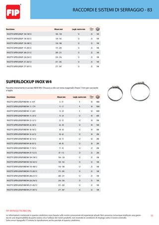 55
FIP ARTICOLI TECNICI SRL
Le informazioni contenute in questo catalistino sono basate sulle nostre conoscenze ed esperienze attuali. Non possono comunque implicare una garan-
zia nè una responsabilità da parte nostra circa l’utilizzo dei nostri prodotti, non essendo le condizioni di impiego sotto il nostro controllo.
Salvo errori tipografici. É vietata la riproduzione anche parziale di questo catalistino.
RACCORDI E SISTEMI DI SERRAGGIO - 83
Descrizione Misure mm Largh. nastro mm
FASCETTE SUPER LOCKUP 104-138/12 104 - 138 12 25 100
FASCETTE SUPER LOCKUP 130-165/12 130 - 165 12 25 100
FASCETTE SUPER LOCKUP 150-180/12 150 - 180 12 25 100
FASCETTE SUPER LOCKUP 175-205/12 175 - 205 12 25 100
FASCETTE SUPER LOCKUP 200-231/12 200 - 231 12 25 100
FASCETTE SUPER LOCKUP 226-256/12 226 - 256 12 25 100
FASCETTE SUPER LOCKUP 251-282/12 251 - 282 12 25 100
FASCETTE SUPER LOCKUP 277-307/12 277 - 307 12 25 100
SUPERLOCKUP INOX W4
Fascetta interamente in acciaio INOX W4. Chiusura a vite con testa esagonale chiave 7 mm per cacciavite
a taglio.
Descrizione Misure mm Largh. nastro mm
FASCETTE SUPER LOCKUP INOXW4 8- 14/9 8 - 14 9 50 1000
FASCETTE SUPER LOCKUP INOXW4 11- 17/9 11 - 17 9 50 1000
FASCETTE SUPER LOCKUP INOXW4 13- 20/9 13 - 20 9 50 1000
FASCETTE SUPER LOCKUP INOXW4 15- 24/12 15 - 24 12 50 600
FASCETTE SUPER LOCKUP INOXW4 22- 32/12 22 - 32 12 50 500
FASCETTE SUPER LOCKUP INOXW4 26- 38/12 26 - 38 12 50 500
FASCETTE SUPER LOCKUP INOXW4 38- 50/12 38 - 50 12 50 500
FASCETTE SUPER LOCKUP INOXW4 50- 65/12 50 - 65 12 50 200
FASCETTE SUPER LOCKUP INOXW4 58- 75/12 58 - 75 12 50 200
FASCETTE SUPER LOCKUP INOXW4 68- 85/12 68 - 85 12 50 200
FASCETTE SUPER LOCKUP INOXW4 77- 95/12 77 - 95 12 25 200
FASCETTE SUPER LOCKUP INOXW4 87-112/12 87 - 112 12 25 200
FASCETTE SUPER LOCKUP INOXW4 104-138/12 104 - 138 12 25 100
FASCETTE SUPER LOCKUP INOXW4 130-165/12 130 - 165 12 25 100
FASCETTE SUPER LOCKUP INOXW4 150-180/12 150 - 180 12 25 100
FASCETTE SUPER LOCKUP INOXW4 175-205/12 175 - 205 12 25 100
FASCETTE SUPER LOCKUP INOXW4 200-231/12 200 - 231 12 25 100
FASCETTE SUPER LOCKUP INOXW4 226-256/12 226 - 256 12 25 100
FASCETTE SUPER LOCKUP INOXW4 251-282/12 251 - 282 12 25 100
FASCETTE SUPER LOCKUP INOXW4 277-307/12 277 - 307 12 25 100
 