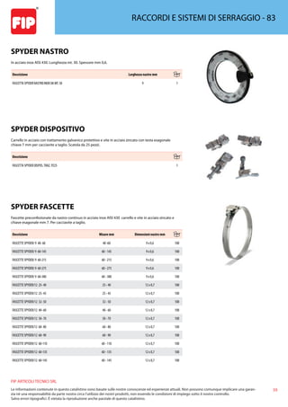 59
FIP ARTICOLI TECNICI SRL
Le informazioni contenute in questo catalistino sono basate sulle nostre conoscenze ed esperienze attuali. Non possono comunque implicare una garan-
zia nè una responsabilità da parte nostra circa l’utilizzo dei nostri prodotti, non essendo le condizioni di impiego sotto il nostro controllo.
Salvo errori tipografici. É vietata la riproduzione anche parziale di questo catalistino.
RACCORDI E SISTEMI DI SERRAGGIO - 83
SPYDER NASTRO
In acciaio inox AISI 430. Lunghezza mt. 30. Spessore mm 0,6.
Descrizione Larghezza nastro mm
FASCETTA SPYDER NASTRO INOX DA MT. 30 9 1
SPYDER DISPOSITIVO
Carrello in acciaio con trattamento galvanico protettivo e vite in acciaio zincato con testa esagonale
chiave 7 mm per cacciavite a taglio. Scatola da 25 pezzi.
Descrizione
FASCETTA SPYDER DISPOS.TRAZ. PZ25 1
SPYDER FASCETTE
Fascette preconfezionate da nastro continuo in acciaio inox AISI 430 carrello e vite in acciaio zincato e
chiave esagonale mm 7. Per cacciavite a taglio.
Descrizione Misure mm Dimensioni nastro mm
FASCETTE SPYDER/ 9 40- 60 40 -60 9 x 0,6 100
FASCETTE SPYDER/ 9 60-145 60 - 145 9 x 0,6 100
FASCETTE SPYDER/ 9 60-215 60 - 215 9 x 0,6 100
FASCETTE SPYDER/ 9 60-275 60 - 275 9 x 0,6 100
FASCETTE SPYDER/ 9 60-380 60 - 380 9 x 0,6 100
FASCETTE SPYDER/12 25- 40 25 - 40 12 x 0,7 100
FASCETTE SPYDER/12 25- 45 25 - 45 12 x 0,7 100
FASCETTE SPYDER/12 32- 50 32 - 50 12 x 0,7 100
FASCETTE SPYDER/12 40- 60 40 - 60 12 x 0,7 100
FASCETTE SPYDER/12 50- 70 50 - 70 12 x 0,7 100
FASCETTE SPYDER/12 60- 80 60 - 80 12 x 0,7 100
FASCETTE SPYDER/12 60- 90 60 - 90 12 x 0,7 100
FASCETTE SPYDER/12 60-110 60 - 110 12 x 0,7 100
FASCETTE SPYDER/12 60-135 60 - 135 12 x 0,7 100
FASCETTE SPYDER/12 60-145 60 - 145 12 x 0,7 100
 