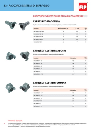 FIP ARTICOLI TECNICI SRL
6 Le informazioni contenute in questo catalistino sono basate sulle nostre conoscenze ed esperienze attuali. Non possono comunque implicare una garanzia
nè una responsabilità da parte nostra circa l’utilizzo dei nostri prodotti, non essendo le condizioni di impiego sotto il nostro controllo.
Salvo errori tipografici. É vietata la riproduzione anche parziale di questo catalistino.
83 - RACCORDI E SISTEMI DI SERRAGGIO
RACCORDI EXPRESS GHISA PER ARIA COMPRESSA 
EXPRESS PORTAGOMMA
In ghisa zincata con collarino di sicurezza e completo di guarnizione resistente all’olio.
Descrizione Portagomma Diam. Mm D.N. pollici
RACC.EXPRESS PTG 3/8”PD 10 3/8” 10
RACC.EXPRESS PTG 1/2” 13 1/2” 10
RACC.EXPRESS PTG 5/8” 15 5/8” 10
RACC.EXPRESS PTG 3/4” 19 3/4” 10
RACC.EXPRESS PTG 1” 25 1” 10
EXPRESS FILETTATO MASCHIO
In ghisa zincata e completo di guarnizione resistente all’olio.
Descrizione Misura pollici
RACC.EXPRESS M. 1/4” 1/4” 10
RACC.EXPRESS M. 3/8” 3/8” 10
RACC.EXPRESS M. 1/2” 1/2” 10
RACC.EXPRESS M. 3/4” 3/4” 10
RACC.EXPRESS M. 1” 1” 10
RACC.EXPRESS M. 1”1/4 1.1/4” 10
EXPRESS FILETTATO FEMMINA
In ghisa zincata e completo di guarnizione resistente all’olio.
Descrizione Misura pollici
RACC.EXPRESS F. 1/4” 1/4” 10
RACC.EXPRESS F. 3/8” 3/8” 10
RACC.EXPRESS F. 1/2” 1/2” 10
RACC.EXPRESS F. 3/4” 3/4” 10
RACC.EXPRESS F.1” 1” 10
RACC.EXPRESS F.1”1/4 1.1/4” 10
 