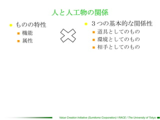 人と人工物の関係
   ものの特性                              ３つの基本的な関係性
       機能                                  道具としてのもの
       属性                                  環境としてのもの
                                            相手としてのもの




              Value Creation Initiative (Sumitomo Corporation) / RACE / The University of Tokyo
 