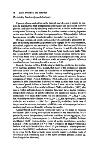 Heritability Predicts Spousal Similarity
If people choose each other on the basis of shared genes, it should be pos­
sible to demonstrate that interpersonal relationships are influenced more by
genetic similarity than by similarity attributable to a similar environment. A
strong test of the theory is to observe that positive assortative mating is greater
on the more heritable of a set of homogeneous items. This prediction follows
because more heritable items better reflect the underlying genotype.
Stronger estimates of genetic influence have been found to predict the de­
gree of matching that marriage partners have engaged in on anthropometric,
attitudinal, cognitive, and personality variables. Thus, Rushton and Nicholson
(1988) examined studies using 15 subtests from the Hawaii Family Study of
Cognition and 11 subtests from the Wechsler Adult Intelligence Scale. With
the Hawaii battery, genetic estimates from Koreans in Korea correlated posi­
tively with those from Americans of Japanese and European ancestry (mean
r = 0.54, p < 0.01). With the Wechsler scale, estimates of genetic influence
correlated across three samples with a mean r = 0.82.
Consider the data in Table 4.2 showing heritabilities predicting the similar­
ity of marriage partners. Note, though, that many of the estimates of genetic
influence in this table are based on calculations of midparent-offspring re­
gressions using data from intact families, thereby combining genetic and
shared-family environmental effects. The latter source of variance, however,
is surprisingly small (Plomin & Daniels, 1987) and has not been found to add
systematic bias. Nonetheless, it should be borne in mind that many of the
estimates of genetic influence shown in Table 4.2 were calculated in this way.
Reported in Table 4.2 is a study by Russell, Wells, and Rushton (1985) who
used a within-subjects design to examine data from three studies reporting
independent estimates of genetic influence and assortative mating. Positive
correlations were found between the two sets of measures (r = 0.36, p < 0.05,
for 36 anthropometric variables; r =0.73, p <0.10, for 5 perceptual judgment
variables; and r = 0.44, p < 0.01, for 11 personality variables). In the case of
the personality measures, test-retest reliabilities over a three-year period were
available and were not found to influence the results.
Another test of the hypothesis reported in Table 4.2 was made by Rushton
and Russell (1985) using two separate estimates of the heritabilities for 54
personality traits. Independently and when combined into an aggregate, they
predicted similarity between spouses (rs = 0.44 and 0.55,ps <0.001). Rushton
and Russell (1985) reviewed other reports of similar correlations, including
Kamin’s (1978) calculation of r = 0.79 (p < 0.001) for 15 cognitive tests and
DeFries et al.’s (1978) calculation of r = 0.62 (p <0.001) for 13 anthropometric
variables. Cattell (1982) too had noted that between-spouse correlations tended
to be lower for the less heritable, more specific cognitive abilities (tests of
vocabulary and arithmetic) than for the more heritable general abilities (g,
from Progressive Matrices).
78 Race, Evolution, and Behavior
 