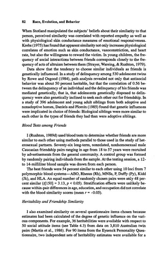 82 Race, Evolution, and Behavior
When Stotland manipulated the subjects’ beliefs about their similarity to that
person, perceived similarity was correlated with reported empathy as well as
with physiological skin conductance measures of emotional responsiveness.
Krebs (1975) has found that apparent similarity not only increases physiological
correlates of emotion such as skin conductance, vasoconstriction, and heart
rate, but also the willingness to reward the victim. In young children, the fre­
quency of social interactions between friends corresponds closely to the fre­
quency of acts of altruism between them (Strayer, Wareing, & Rushton, 1979).
Data show that the tendency to choose similar individuals as friends is
genetically influenced. In a study of delinquency among 530 adolescent twins
by Rowe and Osgood (1984), path analysis revealed not only that antisocial
behavior was about 50 percent heritable, but that the correlation of 0.56 be­
tween the delinquency of an individual and the delinquency of his friends was
mediated genetically, that is, that adolescents genetically disposed to delin­
quency were also genetically inclined to seek each other out for friendship. In
a study of 396 adolescent and young adult siblings from both adoptive and
nonadoptive homes, Daniels and Plomin (1985) found that genetic influences
were implicated in choice of friends: Biological siblings were more similar to
each other in the types of friends they had than were adoptive siblings.
Blood Tests among Friends
I (Rushton, 1989d) used blood tests to determine whether friends are more
similar to each other using methods parallel to those used in the study of het­
erosexual partners. Seventy-six long-term, nonrelated, nonhomosexual male
Caucasian friendship pairs ranging in age from 18 to 57 years were recruited
by advertisements from the general community. A control group was formed
by randomly pairing individuals from the sample. At the testing session, a 12-
to 14-milliliter blood sample was drawn from each person.
The best friends were 54 percent similar to each other using 10 loci from 7
polymorphic blood systems—ABO, Rhesus (Rh), MNSs, P, Duffy (Fy), Kidd
(Jk), and HLA. An equal number of randomly chosen pairs were only 48 per­
cent similar (z[150] = 3.13, p < 0.05). Stratification effects were unlikely be­
cause within-pair differences in age, education, and occupation did not correlate
with the blood similarity scores (mean r = -0.05).
Heritability and Friendship Similarity
I also examined similarity on several questionnaire items chosen because
estimates had been calculated of the degree of genetic influence on the vari­
ous components. For example, 36 heritabilities were available with respect to
50 social attitude items (see Table 4.3) from data on 3,810 Australian twin
pairs (Martin et al., 1986). For 90 items from the Eysenck Personality Ques­
tionnaire, two independent sets of heritability estimates were available for a
 