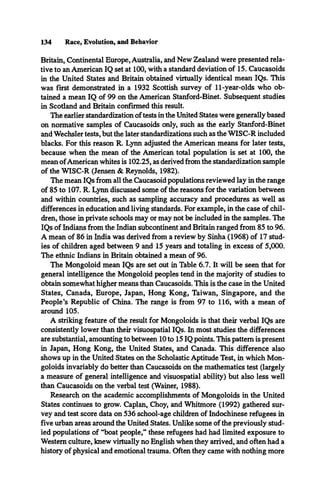 134 Race, Evolution, and Behavior
Britain, Continental Europe, Australia, and New Zealand were presented rela­
tive to an American IQ set at 100, with a standard deviation of 15. Caucasoids
in the United States and Britain obtained virtually identical mean IQs. This
was first demonstrated in a 1932 Scottish survey of 11-year-olds who ob­
tained a mean IQ of 99 on the American Stanford-Binet. Subsequent studies
in Scotland and Britain confirmed this result.
The earlier standardization of tests in the United States were generally based
on normative samples of Caucasoids only, such as the early Stanford-Binet
and Wechsler tests, but the later standardizations such as the WISC-R included
blacks. For this reason R. Lynn adjusted the American means for later tests,
because when the mean of the American total population is set at 100, the
mean ofAmerican whites is 102.25, as derived from the standardization sample
of the WISC-R (Jensen & Reynolds, 1982).
The mean IQs from all the Caucasoid populations reviewed lay in the range
of 85 to 107. R. Lynn discussed some of the reasons for the variation between
and within countries, such as sampling accuracy and procedures as well as
differences in education and living standards. For example, in the case of chil­
dren, those in private schools may or may not be included in the samples. The
IQs of Indians from the Indian subcontinent and Britain ranged from 85 to 96.
A mean of 86 in India was derived from a review by Sinha (1968) of 17 stud­
ies of children aged between 9 and 15 years and totaling in excess of 5,000.
The ethnic Indians in Britain obtained a mean of 96.
The Mongoloid mean IQs are set out in Table 6.7. It will be seen that for
general intelligence the Mongoloid peoples tend in the majority of studies to
obtain somewhat higher means than Caucasoids. This is the case in the United
States, Canada, Europe, Japan, Hong Kong, Taiwan, Singapore, and the
People’s Republic of China. The range is from 97 to 116, with a mean of
around 105.
A striking feature of the result for Mongoloids is that their verbal IQs are
consistently lower than their visuospatial IQs. In most studies the differences
are substantial, amounting to between 10to 15 IQ points. This pattern is present
in Japan, Hong Kong, the United States, and Canada. This difference also
shows up in the United States on the Scholastic Aptitude Test, in which Mon­
goloids invariably do better than Caucasoids on the mathematics test (largely
a measure of general intelligence and visuospatial ability) but also less well
than Caucasoids on the verbal test (Wainer, 1988).
Research on the academic accomplishments of Mongoloids in the United
States continues to grow. Caplan, Choy, and Whitmore (1992) gathered sur­
vey and test score data on 536 school-age children of Indochinese refugees in
five urban areas around the United States. Unlike some of the previously stud­
ied populations of “boat people,” these refugees had had limited exposure to
Western culture, knew virtually no English when they arrived, and often had a
history of physical and emotional trauma. Often they came with nothing more
 
