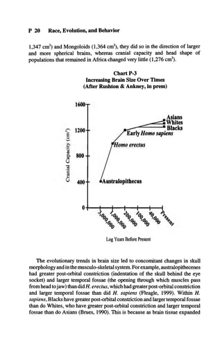 P 20 Race, Evolution, and Behavior
1,347 cm3) and Mongoloids (1,364 cm3), they did so in the direction of larger
and more spherical brains, whereas cranial capacity and head shape of
populations that remained in Africa changed very little (1,276 cm3).
Chart P-3
Increasing Brain Size Over Times
(After Rushton & Ankney, in press)
1600
1200
ä
&
u
73
800
400 ■Australopithecus
Early Homo sapiens
Asians
Whites
Blacks
o
0 - t — j— 1
— 1
— 1
— i
3
O
O ^oo % 
°o„ °o„ "o- V
’°o
o °° °° °
Log Years Before Present
The evolutionary trends in brain size led to concomitant changes in skull
morphology and in the musculo-skeletal system. For example, australopithecenes
had greater post-orbital constriction (indentation of the skull behind the eye
socket) and larger temporal fossae (the opening through which muscles pass
from head tojaw) than did H. erectus, which had greater post-orbital constriction
and larger temporal fossae than did H. sapiens (Fleagle, 1999). Within H.
sapiens, Blacks have greater post-orbital constriction and larger temporal fossae
than do Whites, who have greater post-orbital constriction and larger temporal
fossae than do Asians (Brues, 1990). This is because as brain tissue expanded
 