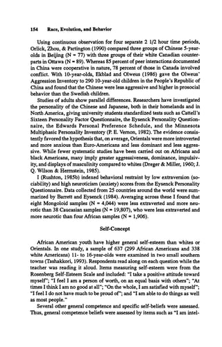 154 Race, Evolution, and Behavior
Using continuous observation for four separate 2 1/2 hour time periods,
Orlick, Zhou, & Partington (1990) compared three groups of Chinese 5-year-
olds in Beijing (N = 77) with three groups of their white Canadian counter­
parts in Ottawa (N = 89). Whereas 85 percent of peer interactions documented
in China were cooperative in nature, 78 percent of those in Canada involved
conflict. With 10-year-olds, Ekblad and Olweus (1986) gave the Olweus*
Aggression Inventory to 290 10-year-old children in the People’s Republic of
China and found that the Chinese were less aggressive and higher in prosocial
behavior than the Swedish children.
Studies of adults show parallel differences. Researchers have investigated
the personality of the Chinese and Japanese, both in their homelands and in
North America, giving university students standardized tests such as Cattell’s
Sixteen Personality Factor Questionnaire, the Eysenck Personality Question­
naire, the Edwards Personal Preference Schedule, and the Minnesota
Multiphasic Personality Inventory (P. E. Vernon, 1982). The evidence consis­
tently favored the hypothesis that, on average, Orientals were more introverted
and more anxious than Euro-Americans and less dominant and less aggres­
sive. While fewer systematic studies have been carried out on Africans and
black Americans, many imply greater aggressiveness, dominance, impulsiv-
ity, and displays of masculinity compared to whites (Dreger & Miller, 1960; J.
Q. Wilson & Hermstein, 1985).
I (Rushton, 1985b) indexed behavioral restraint by low extraversion (so­
ciability) and high neuroticism (anxiety) scores from the Eysenck Personality
Questionnaire. Data collected from 25 countries around the world were sum­
marized by Barrett and Eysenck (1984). Averaging across these I found that
eight Mongoloid samples (N = 4,044) were less extraverted and more neu­
rotic than 38 Caucasian samples (N = 19,807), who were less extraverted and
more neurotic than four African samples (N = 1,906).
Self-Concept
African American youth have higher general self-esteem than whites or
Orientals. In one study, a sample of 637 (299 African Americans and 338
white Americans) 11- to 16-year-olds were examined in two small southern
towns (Tashakkori, 1993). Respondents read along on each question while the
teacher was reading it aloud. Items measuring self-esteem were from the
Rosenberg Self-Esteem Scale and included: “I take a positive attitude toward
myself*; “I feel I am a person of worth, on an equal basis with others”; “At
times I think I am no good at all”; “On the whole, I am satisfied with myself”;
“I feel I do not have much to be proud of*; and “I am able to do things as well
as most people.”
Several other general competence and specific self-beliefs were assessed.
Thus, general competence beliefs were assessed by items such as “I am intel­
 
