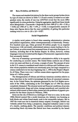 160 Race, Evolution, and Behavior
The means and standard deviations for the three racial groups broken down
by type of crime are shown in Table 7.3. If each country is treated as an inde­
pendent entry, the results of one-way ANOVAS reveal that the races differ
significantly in crime production. Using the aggregates, significant linear trends
show Mongoloids < Caucasoids < Negroids for both 1984 [F (1,69) = 5.20, p
< 0.05] and 1986 [F (1, 86) = 4.99, p < 0.05]. A nonparametric analysis of
these ratio figures shows that the exact probability of getting this particular
ranking twice in a row is 1/6 x 1/6 = 0.027.
Social Organization
A similar racial pattern is found when assessing administrative cohesion
and political organization, either contemporaneously or historically. Twenty-
five hundred years ago, China governed 50 million people via an imperial
bureaucracy with universally administered entrance exams leading to the In­
ner Cabinet, an achievement that surpassed those of equivalent European civi­
lizations, including that of the Roman Empire. In Africa, however, written
languages were not invented and the degree of bureaucratic organization there­
fore necessarily limited.
One way of assessing a government’s administrative ability is its capacity
for conducting an accurate census. The United States conducts one of these
every ten years and there is, of course, a margin of error. The amount of error
in the U.S. census is considered small relative to African and Caribbean coun­
tries whose population statistics are notoriously poor, but large compared to a
census conducted over ten days beginning July 1,1990 in the People’s Repub­
lic of China. There were over 1 million census takers organized for the popu­
lation of 1 billion people.
The disorganization of African and African-American societies relative to
those elsewhere in the world is increasingly the focus of concerned commen­
tary. In the United States, the optimism generated by the Civil Rights move­
ment of the 1950s, culminating in the Civil Rights Act of 1964 has almost
completely dissipated. The abysmal social and financial conditions of poverty
and unemployment, drugs and crime, teenage parenthood, and wretched edu­
cational achievement in black urban centers provide problems of gigantic pro­
portion for the future (Jaynes & Williams, 1989).
Some see the city of Detroit as a harbinger of what is to come. In the early
1960s Detroit seemed like a model American city. Industry was booming as
both blacks and whites found steady work in the automobile industry. But in
1967 the worst race riot in American history erupted. Overnight, Detroit was
violently jerked from being a prosperous, integrated industrial center to that
of a chaotic, seething ghetto. The anarchic conditions and political rhetoric
surrounding black city-states like Detroit have been recorded by the Israeli
 