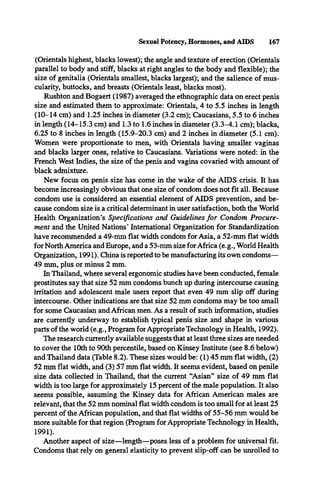 Sexual Potency, Hormones, and AIDS 167
(Orientals highest, blacks lowest); the angle and texture of erection (Orientals
parallel to body and stiff, blacks at right angles to the body and flexible); the
size of genitalia (Orientals smallest, blacks largest); and the salience of mus­
cularity, buttocks, and breasts (Orientals least, blacks most).
Rushton and Bogaert (1987) averaged the ethnographic data on erect penis
size and estimated them to approximate: Orientals, 4 to 5.5 inches in length
(10-14 cm) and 1.25 inches in diameter (3.2 cm); Caucasians, 5.5 to 6 inches
in length (14-15.3 cm) and 1.3 to 1.6 inches in diameter (3.3-4.1 cm); blacks,
6.25 to 8 inches in length (15.9-20.3 cm) and 2 inches in diameter (5.1 cm).
Women were proportionate to men, with Orientals having smaller vaginas
and blacks larger ones, relative to Caucasians. Variations were noted: in the
French West Indies, the size of the penis and vagina covaried with amount of
black admixture.
New focus on penis size has come in the wake of the AIDS crisis. It has
become increasingly obvious that one size of condom does not fit all. Because
condom use is considered an essential element of AIDS prevention, and be­
cause condom size is a critical determinant in user satisfaction, both the World
Health Organization’s Specifications and Guidelines for Condom Procure­
ment and the United Nations* International Organization for Standardization
have recommended a 49-mm flat width condom for Asia, a 52-mm flat width
for North America and Europe, and a 53-mm size for Africa (e.g., World Health
Organization, 1991). China is reported to be manufacturing its own condoms—
49 mm, plus or minus 2 mm.
In Thailand, where several ergonomic studies have been conducted, female
prostitutes say that size 52 mm condoms bunch up during intercourse causing
irritation and adolescent male users report that even 49 mm slip off during
intercourse. Other indications are that size 52 mm condoms may be too small
for some Caucasian and African men. As a result of such information, studies
are currently underway to establish typical penis size and shape in various
parts of the world (e.g., Program for Appropriate Technology in Health, 1992).
The research currently available suggests that at least three sizes are needed
to cover the 10th to 90th percentile, based on Kinsey Institute (see 8.6 below)
and Thailand data (Table 8.2). These sizes would be: (1) 45 mm flat width, (2)
52 mm flat width, and (3) 57 mm flat width. It seems evident, based on penile
size data collected in Thailand, that the current “Asian” size of 49 mm flat
width is too large for approximately 15 percent of the male population. It also
seems possible, assuming the Kinsey data for African American males are
relevant, that the 52 mm nominal flat width condom is too small for at least 25
percent of the African population, and that flat widths of 55-56 mm would be
more suitable for that region (Program for Appropriate Technology in Health,
1991).
Another aspect of size—length—poses less of a problem for universal fit.
Condoms that rely on general elasticity to prevent slip-off can be unrolled to
 