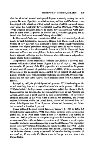 Sexual Potency, Hormones, and AIDS 179
that the virus had entered and spread disproportionately among the racial
groups. Because of political sensitivities, many African and Caribbean coun­
tries report only a fraction of their actual number of AIDS cases and strenu­
ously deny that AIDS may have originated in Africa (Norman, 1985; Palca,
1991). Negroid countries, relative to others, have an enormous AIDS prob­
lem. In some areas, 25 percent or more of the 20-40-year age group are in­
fected with the human immunodeficiency virus (HIV).
In African and Caribbean countries the AIDS virus is transmitted predomi­
nantly through heterosexual intercourse (Figure 8.1). The age and sex distri­
butions of HIV infection rates is similar to that of other sexually transmitted
diseases with higher prevalence among younger sexually active women. At
the other extreme, it is a characteristic feature of AIDS in China and Japan
that most sufferers are hemophiliacs. An intermediate amount of HIV infec­
tion is apparent in Europe and the Americas, where it has occurred predomi­
nantly among homosexual men.
The pattern of whites intermediate to blacks and Orientals is also well docu­
mented within the United States (Figure 8.2). As of July 1, 1988, blacks
amounted to 12 percent of the U.S. population and accounted for 26 percent
of adult and 53 percent of pediatric cases of AIDS. Whites amounted to
80 percent of the population and accounted for 59 percent of adult and 23
percent of child cases, with Hispanic populations intermediate. Oriental popu­
lations did not exist in the figures, which included those from California and
Hawaii.
By April 1, 1990, the global figures had grown to 237,110 showing an 18-
month doubling time and a crystallization of the racial pattern. I (Rushton
1990a) calculated the figures on a per capita basis to find that blacks in Carib­
bean countries had developed as large an AIDS problem as had Africans and
African-Americans, a point ignored by most commentators. The three most
affected countries in the world were Bermuda, the Bahamas, and French
Guiana. Moreover, within the United States, blacks had increased their total
share of the figures from 26 to 27 percent, whites had decreased, and Orien­
tals remained at less than 1 percent.
I have collated the most recent data as of January 4, 1994 in Table 8.5
(World Health Organization, 1994). The official statistics show a cumulative
global total of 851,628 cases reported from 187 countries. The number of
cases per 1,000 population are computed to give an indication of the relative
seriousness of the epidemic between countries with different sizes of popula­
tions after excluding countries reporting fewer than 200 cases. The population
size of the country is taken from estimates standardized for mid-1991 (United
Nations, 1992). On this measure Canada has a rate of .320 per 1,000 making it
the 33rd most affected country in the world. Of the other leading countries, 17
are in Africa, 10 are in the Caribbean, 4 are in Europe, and the other is the
United States.
 