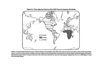 Figure 8.1: Three Infection Patterns ofthe AIDS Virus AreApparent Worldwide
Pattern 1is found in North and South America, Western Europe, and Australasia where 90% o f the cases are homosexual males or users o f intravenous drugs.
Pattern 2 is found in Africa and the Caribbean where the primary mode of transmission is heterosexual sex and the number o f infected females and males is
approximately equal. Pattern 3 is typical of the rest o f the world where relatively few cases have been reported. Adapted from Piot et al. (1988, Figure 3). Data
are in the public domain.
 