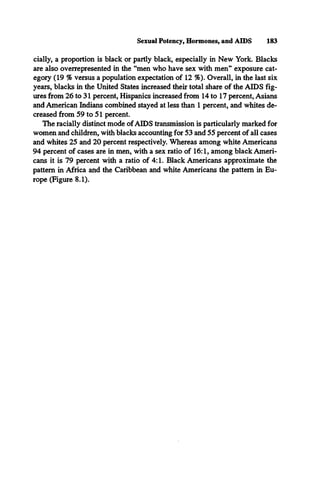 Sexual Potency, Hormones, and A ID S 183
cially, a proportion is black or partly black, especially in New York. Blacks
are also overrepresented in the “men who have sex with men” exposure cat­
egory (19 % versus a population expectation of 12 %). Overall, in the last six
years, blacks in the United States increased their total share of the AIDS fig­
ures from 26 to 31 percent, Hispanics increased from 14 to 17 percent, Asians
and American Indians combined stayed at less than 1 percent, and whites de­
creased from 59 to 51 percent.
The racially distinct mode of AIDS transmission is particularly marked for
women and children, with blacks accounting for 53 and 55 percent of all cases
and whites 25 and 20 percent respectively. Whereas among white Americans
94 percent of cases are in men, with a sex ratio of 16:1, among black Ameri­
cans it is 79 percent with a ratio of 4:1. Black Americans approximate the
pattern in Africa and the Caribbean and white Americans the pattern in Eu­
rope (Figure 8.1).
 
