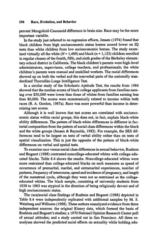196 Race, Evolution, and Behavior
percent Mongoloid-Caucasoid difference in brain size. Race may be the more
important variable.
In the study just referred to on regression effects, Jensen (1974) found that
black children from high socioeconomic status homes scored lower on IQ
tests than white children from low socioeconomic homes. The study exam­
ined virtually all the white (N = 1,489) and black (n = 1,123) children enrolled
in regular classes of the fourth, fifth, and sixth grades of the Berkeley elemen­
tary school district in California. The black children’s parents were high-level
administrators, supervisors, college teachers, and professionals; the white
children’s parents were manual and unskilled workers. The racial differences
showed up on both the verbal and the nonverbal parts of the nationally stan­
dardized Thomdike-Lorge Intelligence Test.
In a similar study of the Scholastic Aptitude Test, the results from 1984
showed that the median scores of black college applicants from families earn­
ing over $50,000 were lower than those of whites from families earning less
than $6,000. The scores were monotonically related to income within both
races (R. A. Gordon, 1987a). Race was more powerful than income in deter­
mining test scores.
Although it is well known that test scores are correlated with socioeco­
nomic status within racial groups, this does not, in fact, explain black-white
ability differences. The pattern of black-white differences is different in fac­
torial composition from the pattern of social class differences within the black
and the white groups (Jensen & Reynolds, 1982). For example, the SES dif­
ferences tend to be largest on tests of verbal ability rather than on tests of
spatial visualization. This is just the opposite of the pattern of black-white
differences on verbal and spatial tests.
To examine race versus social class differences in sexual behavior, Rushton
and Bogaert (1988) contrasted noncollege-educated whites with college-edu­
cated blacks. Table 8.4 shows the results. Noncollege-educated whites were
more restrained than college-educated blacks on such measures as speed of
occurrence of premarital, marital, and extramarital experiences, number of
partners, frequency of intercourse, speed and incidence of pregnancy, and length
of the menstrual cycle, although they were not as restrained as the college-
educated whites. The black sample, consisting of university students from
1938 to 1963 was atypical in the direction of being religiously devout and of
high socioeconomic status.
The race/social class findings of Rushton and Bogaert (1988) depicted in
Table 8.4 were independently replicated with additional samples by M. S.
Weinberg and Williams (1988). These authors reanalyzed evidence from three
independent sources: the original Kinsey data, which formed the basis of
Rushton and Bogaert’s studies; a 1970 National Opinion Research Center poll
of sexual attitudes; and a study carried out in San Francisco. All three re­
analyses showed the predicted racial effects on sexuality while holding edu­
 