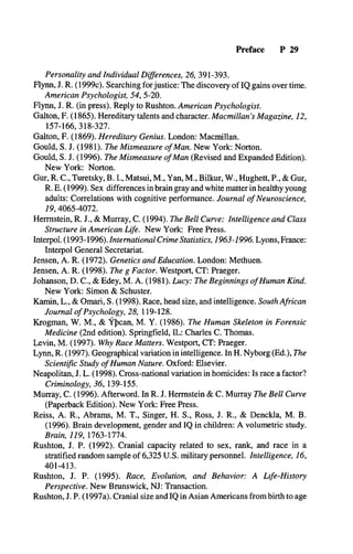 Preface P 29
Personality and Individual Differences, 26, 391-393.
Flynn, J. R. (1999c). Searching forjustice: The discovery of IQ gains over time.
American Psychologist, 54, 5-20.
Flynn, J. R. (in press). Reply to Rushton. American Psychologist.
Galton, F. (1865). Hereditary talents and character. Macmillan's Magazine, 12,
157-166,318-327.
Galton, F. (1869). Hereditary Genius. London: Macmillan.
Gould, S. J. (1981). The Mismeasure ofMan. New York: Norton.
Gould, S. J. (1996). The Mismeasure ofMan (Revised and Expanded Edition).
New York: Norton.
Gur, R. C., Turetsky, B. I., Matsui, M., Yan, M., Bilkur, W., Hughett, P., & Gur,
R. E. (1999). Sex differences in brain gray and white matter in healthy young
adults: Correlations with cognitive performance. Journal of Neuroscience,
19, 4065-4072.
Hermstein, R. J., & Murray, C. (1994). The Bell Curve: Intelligence and Class
Structure in American Life. New York: Free Press.
Interpol. (1993-1996). International Crime Statistics, 1963-1996. Lyons, France:
Interpol General Secretariat.
Jensen, A. R. (1972). Genetics and Education. London: Methuen.
Jensen, A. R. (1998). The g Factor. Westport, CT: Praeger.
Johanson, D. C., & Edey, M. A. (1981). Lucy: The Beginnings ofHuman Kind.
New York: Simon & Schuster.
Kamin, L., & Omari, S. (1998). Race, head size, and intelligence. South African
Journal of Psychology, 28, 119-128.
Krogman, W. M., & Ypcan, M. Y. (1986). The Human Skeleton in Forensic
Medicine (2nd edition). Springfield, IL: Charles C. Thomas.
Levin, M. (1997). Why Race Matters. Westport, CT: Praeger.
Lynn, R. (1997). Geographical variation in intelligence. In H. Nyborg (Ed.), The
Scientific Study ofHuman Nature. Oxford: Elsevier.
Neapolitan, J. L. (1998). Cross-national variation in homicides: Is race a factor?
Criminology, 36, 139-155.
Murray, C. (1996). Afterword. In R. J. Hermstein & C. Murray The Bell Curve
(Paperback Edition). New York: Free Press.
Reiss, A. R., Abrams, M. T., Singer, H. S., Ross, J. R., & Denckla, M. B.
(1996). Brain development, gender and IQ in children: A volumetric study.
Brain, 119, 1763-1774.
Rushton, J. P. (1992). Cranial capacity related to sex, rank, and race in a
stratified random sample of 6,325 U.S. military personnel. Intelligence, 16,
401-413.
Rushton, J. P. (1995). Race, Evolution, and Behavior: A Life-History
Perspective. New Brunswick, NJ: Transaction.
Rushton, J. P. (1997a). Cranial size and IQ in Asian Americans from birth to age
 