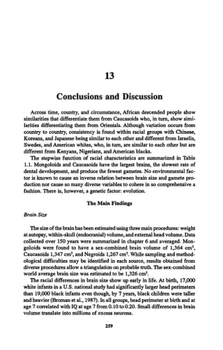 13
Conclusions and Discussion
Across time, country, and circumstance, African descended people show
similarities that differentiate them from Caucasoids who, in turn, show simi­
larities differentiating them from Orientals. Although variation occurs from
country to country, consistency is found within racial groups with Chinese,
Koreans, and Japanese being similar to each other and different from Israelis,
Swedes, and American whites, who, in turn, are similar to each other but are
different from Kenyans, Nigerians, and American blacks.
The stepwise function of racial characteristics are summarized in Table
1.1. Mongoloids and Caucasoids have the largest brains, the slowest rate of
dental development, and produce the fewest gametes. No environmental fac­
tor is known to cause an inverse relation between brain size and gamete pro­
duction nor cause so many diverse variables to cohere in so comprehensive a
fashion. There is, however, a genetic factor: evolution.
The Main Findings
Brain Size
The size of the brain has been estimated using three main procedures: weight
at autopsy, within-skull (endocranial) volume, and external head volume. Data
collected over 150 years were summarized in chapter 6 and averaged. Mon­
goloids were found to have a sex-combined brain volume of 1,364 cm3,
Caucasoids 1,347 cm3, and Negroids 1,267 cm3. While sampling and method­
ological difficulties may be identified in each source, results obtained from
diverse procedures allow a triangulation on probable truth. The sex-combined
world average brain size was estimated to be 1,326 cm3.
The racial differences in brain size show up early in life. At birth, 17,000
white infants in a U.S. national study had significantly larger head perimeters
than 19,000 black infants even though, by 7 years, black children were taller
and heavier (Broman et al., 1987). In all groups, head perimeter at birth and at
age 7 correlated with IQ at age 7 from 0.10 to 0.20. Small differences in brain
volume translate into millions of excess neurons.
259
 