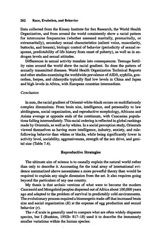 Data collected from the Kinsey Institute for Sex Research, the World Health
Organization, and from around the world consistently show a racial pattern
for intercourse frequencies (whether assessed maritally, premaritally, or
extramaritally), secondary sexual characteristics (salient voice, muscularity,
buttocks, and breasts), biologic control of behavior (periodicity of sexual re­
sponse, predictability of life history from onset of puberty), as well as in an­
drogen levels and sexual attitudes.
Differences in sexual activity translate into consequences. Teenage fertil­
ity rates around the world show the racial gradient. So does the pattern of
sexually transmitted diseases. World Health Organization Technical Reports
and other studies examining the worldwide prevalence ofAIDS, syphilis, gon­
orrhea, herpes, and chlamydia typically find low levels in China and Japan
and high levels in Africa, with European countries intermediate.
Conclusion
262 Race, Evolution, and Behavior
In sum, the racial gradient of Oriental-white-black occurs on multifariously
complex dimensions. From brain size, intelligence, and personality to law
abidingness, social organization, and reproductive morphology, Africans and
Asians average at opposite ends of the continuum, with Caucasian popula­
tions falling intermediately. This racial ordering is reflected in global rankings
made by Orientals, as well as by whites. In a social perception study, Orientals
viewed themselves as having more intelligence, industry, anxiety, and rule­
following behavior than whites or blacks, while being significantly lower in
activity level, sociability, aggressiveness, strength of the sex drive, and geni­
tal size (Table 7.4).
Reproductive Strategies
The ultimate aim of science is to causally explain the natural world rather
than only to describe it. Accounting for the total array of international evi­
dence summarized above necessitates a more powerful theory than would be
required to explain any single dimension from the set. It also requires going
beyond the particulars of any one country.
My thesis is that archaic versions of what were to become the modem
Caucasoid and Mongoloid peoples dispersed out ofAfrica about 100,000 years
ago and adapted to the problem of survival in predictably cold environments.
The evolutionary process required a bioenergetic trade-off that increased brain
size and social organization (K) at the expense of egg production and sexual
behavior (r).
The r-K scale is generally used to compare what are often widely disparate
species, but I (Rushton, 1992b: 817-18) used it to describe the immensely
smaller variations within the human species:
 