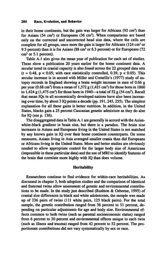 284 Race, Evolution, and Behavior
in their home continents, but the gain was larger for Africans (92 cm3
) than
for Asians (54 cm3
) or Europeans (36 cm3
). When comparisons are based
only on the corrected and uncorrected head size data, where the cells are
complete for all groups, once more the gain is larger for Africans (124 cm3or
9.5 percent) than it is for Asians (88 cm3or 6.3 percent) or for Europeans (72
cm3or 5.1 percent).
Table A.1 also gives the mean year of publication for each set of studies.
These show a publication 20 years earlier for the home continent data. A
secular trend in cranial capacity is also found across the 22 grouped data sets
(r = 0.48, p < 0.05; with race statistically controlled, 0.39, p < 0.05). This
secular increase is in accord with Miller and Corsellis’s (1977) study of au­
topsy records in England showing a brain weight increase in men of 0.66 g
per year (0.68 cm3) from a mean of 1,372 g (1,421 cm3
) for those bom in 1860
to 1,424 g (1,475 cm3
) for those bom in 1940—a total of 52 g (54 cm3). Recall
that mean IQs in all economically developed nations have also been increas­
ing over time, by about 3 IQ points a decade (pp. 191,245,255). The simplest
explanation for all these gains is better nutrition. In addition, in the United
States, blacks gain a 25 percent Caucasian genetic admixture as they do also
for IQ (see p. 136).
The disaggregated data in Table A . 1are generally in accord with the Asian-
white-black gradient in brain size, but there is a paradox. The brain size
increases in Asians and Europeans living in the United States is not matched
by any known gain in IQ over their home continent counterparts. On some
measures, Asians living in Asia averaged smaller crania than did Europeans
or Africans living in the United States. More and better studies are obviously
needed to allow appropriate control for the larger body size of Americans
(impossible in these particular data) and the use of M RI to identify features of
the brain that correlate more highly with IQ than does volume.
Heritability
Researchers continue to find evidence for within-race heritabilities. As
discussed in chapter 3, both adoption studies and the comparison of identical
and fraternal twins allow assessment of genetic and environmental contribu­
tions to be made. In the study just described (Rushton & Osborne, 1995) of
cranial size differences in black and white adolescents, the sample was made
up of 236 pairs of twins (111 white pairs, 125 black pairs). For the total
sample, the genetic contribution ranged from 38 percent to 51 percent, de­
pending on particular adjustments for age and body size. Environmental ef­
fects common to both twins (such as parental socioeconomic status) ranged
from 6 percent to 20 percent and environmental effects unique to each twin
(such as illness and trauma) ranged from 42 percent to 52 percent. The pro­
portionate contributions did not vary systematically by sex or race.
 