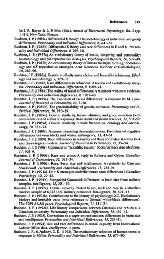 References 329
In J. R. Royce & L. P. Mos (Eds.), Annals o f Theoretical Psychology, Vol. 2 (pp.
1-81). New York: Plenum.
Rushton, J. P. (1985a) Differential K theory: The sociobiology of individual and group
differences. Personality and Individual Differences, 6, 441-52.
Rushton, J. P. (1985b) Differential K theory and race differences in E and N. Person­
ality and Individual Differences, 6, 769-70.
Rushton, J. P. (1987a) An evolutionary theory of health, longevity, and personality:
Sociobiology and r/K reproductive strategies. Psychological Reports, 60, 539-49.
Rushton, J. P (1987b) An evolutionary theory of human multiple birthing: Sociobiol­
ogy and r/K reproductive strategies. Acta Geneticae Medicae et Gemellologiae,
36, 289-96.
Rushton, J. P. (1988a). Genetic similarity, mate choice, and fecundity in humans. Ethol­
ogy and Sociobiology, 9, 329-33. t
Rushton, J. P. (1988b) Race differences in behaviour: A review and evolutionary analy­
sis. Personality and Individual Differences, 9, 1009-24.
Rushton, J. P. (1988c) The reality of racial differences: A rejoinder with new evidence.
Personality and Individual Differences, 9, 1035-40.
Rushton, J. P. (1989a). The evolution of racial differences: A response to M. Lynn.
Journal o f Research in Personality, 23, 7-20.
Rushton, J. P. (1989b). The generalizability of genetic estimates. Personality and In­
dividual Differences, 10, 985-89.
Rushton, J. P. (1989c). Genetic similarity, human altruism, and group selection (with
commentaries and author’s response). Behavioral and Brain Sciences, 12, 503-59.
Rushton, J. P. (1989d). Genetic similarity in male friendships. Ethology and Sociobi­
ology, 10, 361-73.
Rushton, J. P. (1989e). Japanese inbreeding depression scores: Predictors of cognitive
differences between blacks and whites. Intelligence, 13, 43-51.
Rushton, J. P. (1989f). Race differences in sexuality and their correlates: Another look
and physiological models. Journal o f Research in Personality, 23, 35-54.
Rushton, J. P. (1990a). Comment on “scientific racism.” Social Science and Medicine,
31, 905-9.
Rushton, J. P. (1990b). Race and crime: A reply to Roberts and Gabor. Canadian
Journal o f Criminology, 32, 315-34.
Rushton, J. P. (1990c). Race, brain size and intelligence: A rejoinder to Cain and
Vanderwolf. Personality and Individual Differences, 11, 785-94.
Rushton, J. P. (1991a). Do r-K strategies underlie human race differences? Canadian
Psychology, 32, 29-42.
Rushton, J. P. (1991b). Mongoloid-Caucasoid differences in brain size from military
samples. Intelligence, 15, 351-59.
Rushton, J. P. (1992a). Cranial capacity related to sex, rank and race in a stratified
random sample of 6,325 U.S. military personnel. Intelligence, 16, 401-13.
Rushton, J. P. (1992b). Contributions to the history of psychology: XC. Evolutionary
biology and heritable traits (with reference to Oriental-white-black differences):
The 1989 AAAS paper. Psychological Reports, 71, 811-21.
Rushton, J. P. (1992c). Life history comparisons between Orientals and whites at a
Canadian university. Personality and Individual Differences, 13, 439-42.
Rushton, J. P. (1993). Corrections to a paper on race and sex differences in brain size
and intelligence. Personality and Individual Differences, 15, 229-31.
Rushton, J. P. (1994). Sex and race differences in cranial capacity from International
Labour Office data. Intelligence, in press.
Rushton, J. P , & Ankney, C. D. (1993). The evolutionary selection of human races: A
response to Miller. Personality and Individual Differences, 15, 677-80.
 
