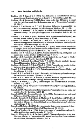 330 Race, Evolution, and Behavior
Rushton, J. R, & Bogaert, A. R (1987). Race differences in sexual behavior: Testing
an evolutionary hypothesis. Journal o f Research in Personality, 21, 529-51.
Rushton, J. R, & Bogaert, A. F. (1988). Race versus social class differences in sexual
behavior: A follow-up of the r/K dimension. Journal o f Research in Personality,
22, 259-72.
Rushton, J. R, & Bogaert, A. F. (1989). Population differences in susceptibility to
AIDS: An evolutionary analysis. Social Science and Medicine, 28, 1211-20.
Rushton, J. R, Brainerd, C. J., & Pressley, M. (1983). Behavioral development and
construct validity: The principle of aggregation. Psychological Bulletin, 94, 18­
38.
Rushton, J. R, & Erdle, S. (1987). Evidence for an aggressive (and delinquent) per­
sonality. British Journal o f Social Psychology, 26, 87-89.
Rushton, J. R, Fulker, D. W., Neale, M. C., Nias, D. K. B., & Eysenck, H. J. (1986).
Altruism and aggression: The heritability of individual differences. Journal o f Per­
sonality and Social Psychology, 50, 1192-98.
Rushton, J. R, Littlefield, C. H., & Lumsden, C. J. (1986). Gene-culture coevolution
of complex social behavior: Human altruism and mate choice. Proceedings o f the
National Academy o f Sciences o f the U.S.A., 83, 7340-43.
Rushton, J. R, & Nicholson, I. R. (1988). Genetic similarity theory, intelligence, and
human mate choice. Ethology and Sociobiology, 9, 45-57.
Rushton, J. P. & Russell, R. J. H. (1985). Genetic similarity theory: A reply to Mealey
and new evidence. Behavior Genetics, 15, 575-82.
Rushton, J. R, Russell, R. J. H., & Wells, P. A. (1984). Genetic similarity theory:
Beyond kin selection. Behavior Genetics, 14, 179-93.
Rushton, J. R, Russell, R. J. H., & Wells, P. A. (1985). Personality and genetic similar­
ity theory. Journal o f Social and Biological Structures, 8, 174-97.
Russell, R. J. H., & Wells, P. A. (1987). Estimating paternity confidence. Ethology and
Sociobiology, 8, 215-20.
Russell, R. J. H., & Wells, P. A. (1991). Personality similarity and quality of marriage.
Personality and Individual Differences, 12, 407-12.
Russell, R. J. H., Wells, P. A., & Rushton, J. P. (1985). Evidence for genetic similarity
detection in human marriage. Ethology and Sociobiology, 6, 183-87.
Sarich, V., & Wilson, A. C. (1967). Immunological time scale for human evolution.
Science, 158, 1200-4.
Scarr, S. (Ed.). (1981). Race, Social Class and Individual Differences in IQ. Hillsdale,
NJ: Erlbaum.
Scarr, S. (1987). Three cheers for behavior genetics: Winning the war and losing our
identity. Behavior Genetics, 17, 219-28.
Scarr, S. (1992). Developmental theories for the 1990s: Development and individual
differences. C hild Development, 63, 1-19.
Scarr, S., Caparulo, B. K., Ferdman, B. M., Tower, R. B., & Caplan, J. (1983). Devel­
opmental status and school achievements of minority and non-minority children
from birth to 18 years in a British Midlands town. British Journal o f Developmen­
tal Psychology, 1, 31-48.
Scarr, S., & McCartney, K. (1983). How people make their own environments: A theory
of genotype-environment effects. Child Development, 54, 424-35.
Scarr, S., & Weinberg, R. A. (1976). IQ test performance of black children adopted by
white families. American Psychologist, 31, 726-39.
Scarr, S., Weinberg, R. A., & Gargiulo, J. (1987). Transracial adoption: A ten year
follow-up. Abstract in Program of the 17th Annual Meeting of the Behavior Genet­
ics Association, Minneapolis, Minnesota, U.S.A.
 