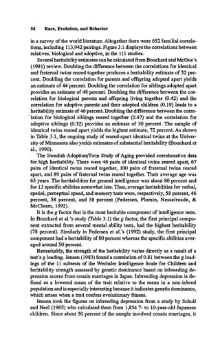 54 Race, Evolution, and Behavior
in a survey of the world literature. Altogether there were 652 familial correla­
tions, including 113,942 pairings. Figure 3.1 displays the correlations between
relatives, biological and adoptive, in the 111 studies.
Several heritability estimates can be calculated from Bouchard and McGue’s
(1981) review. Doubling the difference between the correlations for identical
and fraternal twins reared together produces a heritability estimate of 52 per­
cent. Doubling the correlation for parents and offspring adopted apart yields
an estimate of 44 percent. Doubling the correlation for siblings adopted apart
provides an estimate of 48 percent. Doubling the difference between the cor­
relation for biological parents and offspring living together (0.42) and the
correlation for adoptive parents and their adopted children (0.19) leads to a
heritability estimate of 46 percent. Doubling the difference between the corre­
lation for biological siblings reared together (0.47) and the correlation for
adoptive siblings (0.32) provides an estimate of 30 percent. The sample of
identical twins reared apart yields the highest estimate, 72 percent. As shown
in Table 3.1, the ongoing study of reared-apart identical twins at the Univer­
sity of Minnesota also yields estimates of substantial heritability (Bouchard et
al., 1990).
The Swedish Adoption/Twin Study of Aging provided corroborative data
for high heritability. There were 46 pairs of identical twins reared apart, 67
pairs of identical twins reared together, 100 pairs of fraternal twins reared
apart, and 89 pairs of fraternal twins reared together. Their average age was
65 years. The heritabilities for general intelligence was about 80 percent and
for 13 specific abilities somewhat less. Thus, average heritabilities for verbal,
spatial, perceptual speed, and memory tests were, respectively, 58 percent, 46
percent, 58 percent, and 38 percent (Pedersen, Plomin, Nesselroade, &
McCleam, 1992).
It is the g factor that is the most heritable component of intelligence tests.
In Bouchard et al.’s study (Table 3.1) the g factor, the first principal compo­
nent extracted from several mental ability tests, had the highest heritability
(78 percent). Similarly in Pedersen et al.’s (1992) study, the first principal
component had a heritability of 80 percent whereas the specific abilities aver­
aged around 50 percent.
Remarkably, the strength of the heritability varies directly as a result of a
test’s g loading. Jensen (1983) found a correlation of 0.81 between the g load­
ings of the 11 subtests of the Wechsler Intelligence Scale for Children and
heritability strength assessed by genetic dominance based on inbreeding de­
pression scores from cousin marriages in Japan. Inbreeding depression is de­
fined as a lowered mean of the trait relative to the mean in a non-inbred
population and is especially interesting because it indicates genetic dominance,
which arises when a trait confers evolutionary fitness.
Jensen took the figures on inbreeding depression from a study by Schull
and Neel (1965) who calculated them from 1,854 7- to 10-year-old Japanese
children. Since about 50 percent of the sample involved cousin marriages, it
 