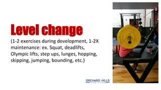 Level change
(1-2 exercises during development, 1-2X
maintenance: ex. Squat, deadlifts,
Olympic lifts, step ups, lunges, hopping,
skipping, jumping, bounding, etc.)
 