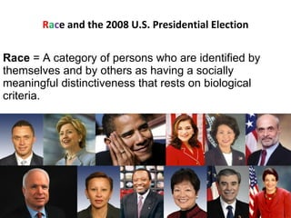 R a c e and the 2008 U.S. Presidential Election Race  = A category of persons who are identified by themselves and by others as having a socially meaningful distinctiveness that rests on biological criteria. 