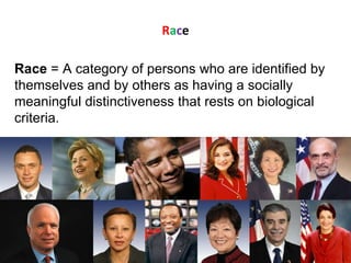 R a c e Race  = A category of persons who are identified by themselves and by others as having a socially meaningful distinctiveness that rests on biological criteria. 