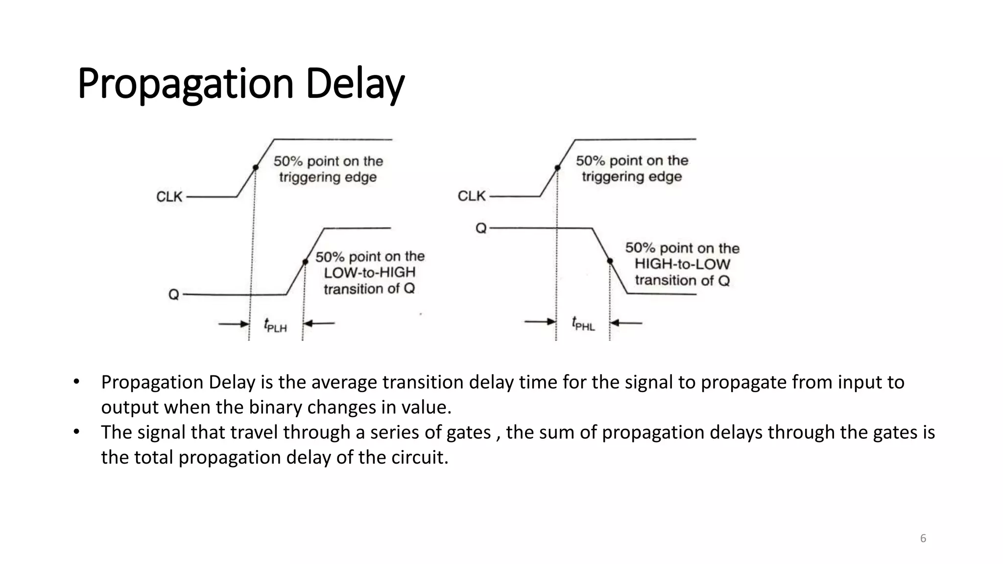 Propagation Delay
• Propagation Delay is the average transition delay time for the signal to propagate from input to
output when the binary changes in value.
• The signal that travel through a series of gates , the sum of propagation delays through the gates is
the total propagation delay of the circuit.
6
 