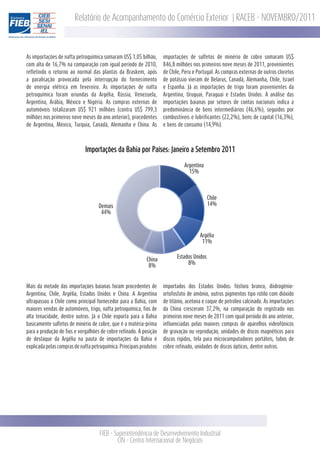 Relatório de Acompanhamento do Comércio Exterior | RACEB - NOVEMBRO/2011



As importações de nafta petroquímica somaram US$ 1,05 bilhão,        importações de sulfetos de minério de cobre somaram US$
com alta de 16,7% na comparação com igual período de 2010,           846,8 milhões nos primeiros nove meses de 2011, provenientes
refletindo o retorno ao normal das plantas da Braskem, após          de Chile, Peru e Portugal. As compras externas de outros cloretos
a paralisação provocada pela interrupção do fornecimento             de potássio vieram de Belarus, Canadá, Alemanha, Chile, Israel
de energia elétrica em fevereiro. As importações de nafta            e Espanha. Já as importações de trigo foram provenientes da
petroquímica foram oriundas da Argélia, Rússia, Venezuela,           Argentina, Uruguai, Paraguai e Estados Unidos. A análise das
Argentina, Arábia, México e Nigéria. As compras externas de          importações baianas por setores de contas nacionais indica a
automóveis totalizaram US$ 921 milhões (contra US$ 799,3             predominância de bens intermediários (46,6%), seguidos por
milhões nos primeiros nove meses do ano anterior), procedentes       combustíveis e lubrificantes (22,2%), bens de capital (16,3%),
de Argentina, México, Turquia, Canadá, Alemanha e China. As          e bens de consumo (14,9%).



                             Importações da Bahia por Países: Janeiro a Setembro 2011

                                                                               Argentina
                                                                                 15%



                                                                                            Chile
                                    Demais                                                  14%
                                     44%



                                                                                       Argélia
                                                                                        11%

                                                                           Estados Unidos
                                                            China
                                                                                8%
                                                             8%


Mais da metade das importações baianas foram procedentes de          importados dos Estados Unidos: fósforo branco, diidrogênio-
Argentina, Chile, Argélia, Estados Unidos e China. A Argentina       ortofosfato de amônio, outros pigmentos tipo rútilo com dióxido
ultrapassou o Chile como principal fornecedor para a Bahia, com      de titânio, acetona e coque de petróleo calcinado. As importações
maiores vendas de automóveis, trigo, nafta petroquímica, fios de     da China cresceram 37,2%, na comparação do registrado nos
alta tenacidade, dentre outros. Já o Chile exporta para a Bahia      primeiros nove meses de 2011 com igual período do ano anterior,
basicamente sulfetos de minério de cobre, que é a matéria-prima      influenciadas pelas maiores compras de aparelhos videofônicos
para a produção de fios e vergalhões de cobre refinado. A posição    de gravação ou reprodução, unidades de discos magnéticos para
de destaque da Argélia na pauta de importações da Bahia é            discos rígidos, tela para microcomputadores portáteis, tubos de
explicada pelas compras de nafta petroquímica. Principais produtos   cobre refinado, unidades de discos ópticos, dentre outros.




                                     FIEB - Superintendência de Desenvolvimento Industrial
                                             CIN - Centro Internacional de Negócios
 