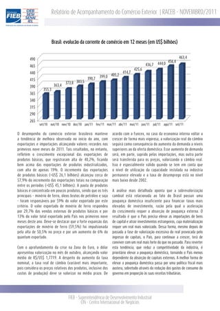Relatório de Acompanhamento do Comércio Exterior | RACEB - NOVEMBRO/2011




                         Brasil: evolucão da corrente de comércio em 12 meses (em US$ bilhões)


        490                                                                                                         463,4
                                                                                                            456,4
                                                                                           436,7    444,0
        465
                                                                                   425,6
        440                                                               414,7
                                                           399,0 405,2
        415                                      390,7
                                  373,8 383,5
        390               363,4
                 355,3
        365
        340
        315
        290
        265
               set/10   out/10 nov/10 dez/10    jan/11   fev/11 mar/11 abr/11 mai/11 jun/11      jul/11   ago/11 set/11


O desempenho do comércio exterior brasileiro manteve               acordo com a Funcex, no caso da economia interna voltar a
a tendência de melhora observada no início do ano, com             crescer de forma mais vigorosa, a valorização real do câmbio
exportações e importações alcançando valores recordes nos          seguirá como consequência do aumento da demanda a níveis
primeiros nove meses de 2011. Tais resultados, no entanto,         superiores ao da oferta doméstica. Esse aumento de demanda
refletem o crescimento excepcional das exportações de              será, em parte, suprido pelas importações, mas outra parte
produtos básicos, que registraram alta de 40,2%, ficando           será transferida para os preços, valorizando o câmbio real.
bem acima das exportações de produtos industrializados,            Isso é especialmente válido quando se tem em conta que
com alta de apenas 19%. O incremento das exportações               o nível de utilização da capacidade instalada na indústria
de produtos básicos (+US$ 26,1 bilhões) alcançou cerca de          permanece elevado e a taxa de desemprego está no nível
57,9% do incremento das exportações totais na comparação           mais baixo desde 2002.
entre os períodos (+US$ 45,1 bilhões). A pauta de produtos
básicos é concentrada em poucos produtos, sendo que os três        A análise mais detalhada aponta que a sobrevalorização
principais - minério de ferro, óleos brutos de petróleo e soja     cambial está relacionada ao fato do Brasil possuir uma
- foram responsáveis por 59% do valor exportado por este           poupança doméstica insuficiente para financiar taxas mais
critério. O valor exportado de minério de ferro respondeu          elevadas de investimento, razão pela qual a aceleração
por 29,7% das vendas externas de produtos básicos e por            do crescimento requer a absorção de poupança externa. O
13% do valor total exportado pelo País nos primeiros nove          resultado é que o País precisa elevar as importações de bens
meses deste ano. Deve-se destacar que a forte expansão das         de capital e atrair investimentos estrangeiros, cuja materialização
exportações de minério de ferro (59,5%) foi impulsionada           requer um real mais valorizado. Dessa forma, mesmo depois de
pela alta de 50,5% no preço e por um aumento de 6% do              passada a fase de valorização excessiva do real provocada pelo
quantum exportado.                                                 ingresso de capitais, o País, para continuar a crescer, terá de
                                                                   conviver com um real mais forte do que no passado. Para reverter
Com o aprofundamento da crise na Zona do Euro, o dólar             esta tendência, que reduz a competitividade da indústria, é
apresentou valorização no mês de outubro, alcançando valor         prioritário elevar a poupança doméstica, tornando o País menos
médio de R$/US$ 1,7719. A despeito do aumento da taxa              dependente da absorção de capitais externos. A melhor forma de
nominal, a taxa real de câmbio (variável mais importante,          elevar a poupança doméstica passa por uma política fiscal mais
pois considera os preços relativos dos produtos, inclusive dos     austera, sobretudo através da redução dos gastos de consumo do
custos de produção) deve se valorizar no médio prazo. De           governo em proporção às suas receitas tributárias.




                                   FIEB - Superintendência de Desenvolvimento Industrial
                                           CIN - Centro Internacional de Negócios
 