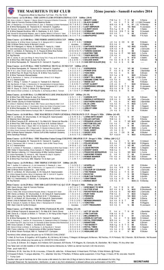 THE MAURITIUS TURF CLUB 
Programme officiel du Mauritius Turf Club - Prix: Rs 15.00 
32ème journée - Samedi 4 octobre 2014 
1ère Course - (à 12:30 Hrs) - THE LIONS CLUBS INTERNATIONAL CUP 1600m- [30-0] 
MM. Denis Le Breton, C. Rajaram, F. Maurel, Mmes N. Soomaroo & Martine D'Unienville ( 8-10-10- 4- 2 ) 1.MIGHTY LION P.M. h.a 5 T D 60 S.Rama 2 
MM. Alain & Yannick Perdrau & Mlle Béatrice Buttié ( 9- 5- 8- 3- 5 ) 2.BLACK GAMBIT P. h.b 5 T N 57 (-1.5)M.Chinapiel 6 
MM. J.P Beerjeeraz, L.E Chaureemootoo, B. Joan, G. Beedassy & Adesh Ramkaloan( 10- 7- 8- 8- 2 ) 3.PALE ALE M.R. h.b. 8 B N 57 (-3) N.Marday 8 
M. & Mme Ramapatee, M. Tikanand & Dr. Hemant K. Gujadhur ( 6- 8- 6- 4- 8 ) 4.LAST EMPEROR G. h.b 5 ND 56.5 R.Joorawon 1 
MM. Ramesh, Subiraj & Abhishek Gujadhur, A. Gowrisunkur & A.K Beeharee ( 6- 2- 4- 5- 3 ) 5.ALBERT DOCK R.G. h.g 6 B N 54 V.Naiko 7 
M. & Mme Deepak Bundhoo, MM. A. Beeharee, S. & D. Ochit ( 2- 5-11/ 8- 9 ) 6.GYMNAST R.G. h.a. 10 B T N 54 R.Hoolash 3 
MM. Devdutt & Gauravsingh Bagwan, Jean S. Sophie, Bahim K. & Feroz K. Taher ( 7- 9- 6- 2- 8 ) 7.HOPES AND DESIRES S.H. h.b. 7 N 53 B.Sooful 4 
MM. Fréderic de Chasteauneuf, Clifford Tranquille & Mlle Béatrice Buttié ( 6- 3- 4- 7- 6 ) 8.AMAPHUPHO M. h.a. 10 O 50.5 P.K.Horil 5 
2ème Course - (à 13:00 Hrs) - THE FEBER ASSOCIATES CUP 1000m- [36-20] 
Mlle Kelishna, M. & Mme Vikram Hurdoyal, Dr. K. Mangroo & M. K. Heeralall ( 4- 2-11- 3- 6 ) 1.DOMANI J.H. h.b 6 OV N 61 R.Mullen 3 
MM. & Mmes Denis Hardy & Bernard Lincoln ( nouveau ) 2.BRAZO R.G. h.b 5 60 R.Wiggins 4 
MM. M.H Maingard, A. Nairac, B. Bathfield, P. Hardy & J. Vallet ( 0- 5- 6- 4-10 ) 3.CAPTAIN'S CRONICLE R.M. h.b 4 ND 59.5 R.Burke 8 
M. Syam Beenessreesingh, M. & Mme Oodith Heerasing & M. A. Emamdeen ( 0- 0- 7- 2- 8 ) 4.OBLIGATION G.R. h.b 4 B 59 J.Geroudis 7 
MM. D. Le Breton, B. Ramsing, Dr. A. Paupoo & Mme Bina Ruhee ( A-10- 6-10- 7 ) 5.TORERO DANCER P.M. h.b 4 B 59 C.Segeon 2 
MM. V.C Veeramootoo, Nitin Goburdhun & Nitin Deeal ( 3- 2- 9- 4- 3 ) 6.HUNTING TIME V.A. h.a 6 P ND 58.5 L.Currie 1 
M. Raj Ramdin ( 0- 0- 6- 7-10 ) 7.TIGER MASTER C.R. h.b 5 58.5 M.Neisius 6 
MM. D. Jaunky, B. Lee Luen Mang, B. Herry,Young Tat Li Fung Lan & Armand Brun ( nouveau ) 8.DATA CONTROLLER P. c.b 4 N 57.5 V.Naiko 5 
M. & Mme Paul, MM. Bryan & Joey Foo Kune ( 6- 2- 8-10- 1 ) 9.GOLDEN SHEIK F.K h.b 6 B T N 57 S.Brown 10 
M. & Mme Ramapatee, M. Tikanand & Dr. Hemant K. Gujadhur ( 7- 3- 1- 5- 9 )10.VAN DER SCALER [EA] G. h.b 4 S N 56 ----- 9 
3ème Course - (à 13:35 Hrs) - THE NATIONAL MUTUAL FUND CUP 1400m- [25-0] 
M. & Mme Ramapatee, M. Tikanand & Dr. Hemant K. Gujadhur ( 7- 8- 5- 7- 4 ) 1.EVERGREEN G. h.b 4 ND 60 D.Holland 6 
MM. R. & A. Juhel, Dinesh Jaunky, Dan Seewooruthun & Mlle Béatrice Buttié ( 4- 2- 2- 3- 3 ) 2.POWER DIVE P. h.b 6 S N 60 J.Bardottier 9 
M. & Mme Paul, M. Bryan Foo Kune, M. & Mme Tony Guidroz ( 3- 5- 8- 2- 1 ) 3.YODA MAN F.K h.b 4 N 60 S.Brown 11 
M. & Mme Teenarain Mareachealee ( 5- N- 2- 2- 5 ) 4.BIG LION S.H. h.a 4 B 59.5 B.Sooful 2 
MM. S. Ramlochun, V. Teemul, J.P de Maroussem, Mmes D. & S. Maigrot ( 5- 1- 4- 4- 2 ) 5.DON'T TELL MAMA M. j.b 6 N 59 (-1.5)V.Sola 1 
M. V.C Veeramootoo ( R- 3- R- 5- 4 ) 6.DREAMS COME TRUE V.A. h.b 6 ND 59 L.Currie 5 
MM. C. Wong, T. Cerdor, P. Lavaud, A. Teelwah & S. Mannick ( 2- 9- 5- 8- 2 ) 7.INSIDE OUT J.H. h.b. 9 59 R.Mullen 4 
MM. Raj Ramdin, R.Tailly, C. Montocchio, N. Vencatachellum & Hemant Multra ( 1- 8- 5-10- 7 ) 8.PORT ALBERT C.R. c.b 6 T 58.5 M.Neisius 7 
MM. A. Ramlugon, S. Doomun, R. Doorga, S. Semjevee & D. Latour ( 10- 6- 4- 1- 6 ) 9.SURPRISING DREAM M.R. h.b 5 B T N 58 R.Joorawon 3 
MM. R. Goury, S. Ochit, O. Moloo & D. Rampersad ( 1- 4- 2- 4- 4 )10.CIRAC R.G. h.b 6 B D 57 R.Wiggins 8 
MM. Denis & Olivier Le Breton, G. de Rauville, G. de Rosnay & Mlle E. Tennant ( 5- 1- 6- 6- 7 )11.POINT OF POLICY [EA] P.M. h.b. 8 N 60 ----- 10 
4ème Course - (à 14:05 Hrs) - LA PRUDENCE LIFE INSURANCE CUP 1850m- [51-35] 
M. & Mme Paul, MM. Bryan & Joey Foo Kune ( 2- 5- 1- 1- 5 ) 1.CARSON CITY F.K h.b 6 N 61 S.Brown 3 
M. & Mme Yogesh Ramchurreetoo & M. Narendra Soobarah ( 5- 8- 8- 6- 3 ) 2.EMERALD APPROACH G.R. h.b 5 ND 59.5 J.Geroudis 1 
MM. Dinesh Jaunky & Vinesh Kardaree ( 6- 6- 3- 4- 1 ) 3.SOUTHERN HEIGHTS P. h.b. 8 N 59.5 J.Bardottier 2 
M. & Mme H. Bellefroid, Mme M. Bloch, MM. France Law & Maurice Allet C.S.K ( 2- 2- 7- 3- 7 ) 4.BLUE LORD V.A. h.b 5 N 58.5 L.Currie 4 
MM. Denis & Olivier Le Breton, D. Govindasami, Mmes Vee Holden & Roomela Curpen ( 1- 5- 2- 1- 1 ) 5.LION'S PRINT P.M. h.b 5 T N 58 C.Segeon 6 
M. & Mme Ramapatee, M. Tikanand & Dr. Hemant K. Gujadhur ( 6- 4- 1- 1- 1 ) 6.URBI ET ORBI G. h.b 6 N 58 D.Holland 5 
M. & Mme Vikram & Mlle Kelishna Hurdoyal, MM. P. Dilmahamod & Antish Teelwah ( 5- 7- 1- 1- 1 ) 7.CULA J.H. h.b 5 T D 55 R.Mullen 7 
5ème Course - (à 14:40 Hrs) - THE MAURITIUS UNION GENERAL INSURANCE CUP - Draper's Mile 1500m- [61-45] 
MM. D. Le Breton, M. Ghumundee, S. Ah Hang & B. Sawmynaden ( 2- 6- R- 5- 6 ) 1.LIVING WITH HEART P.M. h.b 5 N 61 C.Segeon 8 
M. Maxime Henri Maingard ( 3/ 5- 4- 7- 4 ) 2.SOLAR CAPTAIN R.M. h.b 6 61 R.Burke 4 
M. & Mme François & M. Jérôme de C. Du Mée & M. Gérard de Rauville ( 5/ 8- 2- 1- 4 ) 3.PEGASUS LEGACY P. h.b. 8 T ND 60.5 J.Bardottier 1 
M. & Mme Paul, MM. Bryan & Joey Foo Kune & M. Avishan Askurn ( C- 3- 3- 4- 4 ) 4.BOTTOM DOLLAR F.K h.a 7 N 60 S.Brown 6 
M. Dharmesh Naik, Mme C. Mayer, MM. A.D de Spéville, N. Henry & B. Thevenau ( 0- 0- 0- 2- 4 ) 5.RECALL TO LIFE G.R. h.b 5 N 60 J.Geroudis 9 
M. & Mme B. Padayachy, MM. V. Ragoonath, R. Mooken & Maurice Allet C.S.K ( 0- 0- 7- 7- 5 ) 6.BAY OF BENGAL V.A. h.b 5 B+ T 59.5 L.Currie 7 
M. & Mme Vikram Hurdoyal, Mme Medha Gujadhur, MM. Roy Goury & R.S Beekharee ( 8- 5- 9- 6- 7 ) 7.DUAL ASSET J.H. h.b 5 O 59.5 K.Ghunowa 3 
MM. & Mmes Rama Valayden, Patrick Duff & Mlle Haafizah Goolamy ( 7- 6- 5- 6- 2 ) 8.GHOST DOG J.H. h.b 7 OV N 58 R.Mullen 5 
Mme Sandhya Pertaub ( 8- 8- 6- 7- 6 ) 9.ESTECO R.P h.b.b 8 N 56.5 B.Woodworth 2 
6ème Course - (à 15:15 Hrs) - THE Mauritius Union Group COLONEL DRAPER CUP - Draper's Mile 1500m- [60+] G.2 
M. & Mme Ramapatee, M. Tikanand & Dr. Hemant K. Gujadhur ( 1- 1- 3- 2- 2 ) 1.TANDRAGEE G. h.a 6 N 61 D.Holland 5 
Mme V. Rampersad, MM. H. Amiran, S. Jeenally, Cedric & Mlle Tanya Chung ( 1-10- 4/ 6- 1 ) 2.POLAR BOUND R.G. h.b 7 T ND 60.5 R.Wiggins 6 
M. V.C Veeramootoo ( 8-10- 6- 1- 2 ) 3.ICE AXE V.A. h.b 7 ND 60 J.Geroudis 7 
MM. D. Le Breton, R. Ramkaloan, J. Jodahsing, R. Dhooboreea & Mme Diya Gooljar ( 4- 5- 1- 2- 5 ) 4.LIQUID MOTION P.M. h.b 6 T N 59.5 C.Segeon 3 
MM. Didier V Descroizilles, Enzo Carosin, D. Peten & M.H Maingard ( 0- 0- 0- 3- 3 ) 5.DESERT SHEIK R.M. h.a 5 56.5 R.Burke 8 
MM. Nardus Lottering, V.C Veeramootoo & Mlle Candice Dawson ( 0- 2-11- 7- 4 ) 6.FRANCOIS BERNARDUS V.A. h.a 5 ND 55.5 L.Currie 1 
M. & Mme Ramapatee, Dr. Hemant K., MM. Tikanand & Uday K. Gujadhur ( 0- 0- 2- 6- 3 ) 7.AWESOME POWER G. h.b 5 D 54 R.Joorawon 2 
M. & Mme Paul, MM. Bryan & Joey Foo Kune ( 0- 0- 1- 3- 1 ) 8.ROMAN MANNER F.K h.b 4 ND 52.5 S.Brown 9 
M. & Mme Paul Foo Kune, MM. Stephen Tin & Alain Lam ( 1- 3- R- 1- 1 ) 9.RYDER CUP F.K h.b 5 N 52.5 B.Woodworth 4 
7ème Course - (à 15:50 Hrs) - THE TRIPLE COVER CUP 1400m- [41-25] 
MM. T. Jauffret, E.A Jullienne (jr.), A. de Comarmond, S. Reeday & J. Issur ( 1- 4- 8- 6- 2 ) 1.ACAPELLA J.H. h.a 6 61 R.Mullen 3 
Mmes Linda & Nathalie Henry, MM. J.P Montocchio, J.A. Lagesse & Dr J.F Madeleine ( 8- 6- 1- 7- 6 ) 2.ALVARO S.H. h.b. 10 B D 61 R.Joorawon 6 
MM. & Mmes Brent Sussens & L. Jean Hardy ( 0- 0- 0- 6- 2 ) 3.COLOUR OF COURAGE G.R. h.a 4 N 61 J.Geroudis 1 
MM. D. Le Breton, M. Ghumundee, S. Ah Hang & B. Sawmynaden ( 6- 9- 3- 2- 1 ) 4.THE PIEMAN P.M. h.b 4 T N 61 C.Segeon 8 
M. & Mme Deepak Bundhoo, Mme A.K Beeharee, MM. S. Ochit & R. Gujadhur ( 7- 3- 5- 8- 5 ) 5.RAVATAK R.G. h.b 6 N 59 R.Wiggins 4 
M. & Mme Paul, MM. Joey & Bryan Foo Kune ( 2- 1- 2- 1- 4 ) 6.RUM TUM TUGGER F.K h.a 5 N 59 S.Brown 7 
MM. V.C Veeramootoo, K. Monien, A. Ganapathy & Nitin Goburdhun ( 0- 7- 6- 6-11 ) 7.CRAFTSMAN V.A. h.a 4 O N 55 L.Currie 2 
M. Raj Ramdin ( 1- 5- 9- 6- 4 ) 8.BONGO BEAT C.R. h.b. 8 54.5 (-3) N.Marday 5 
8ème Course - (à 16:25 Hrs) - THE SIR GAETAN DUVAL Q.C CUP - Draper's Mile 1500m- [46-30] 
MM. Gavin Glover, Alain & Yannick Perdrau ( 6/ 7- 5- 3- 7 ) 1.HOW MANY TO WON P. h.b. 7 B N 61 J.Bardottier 5 
Mme Sandhya Pertaub ( 2- 7- 6- 9- 7 ) 2.GLITTER STAR R.P h.b 6 B N 60.5 B.Woodworth 1 
Mme A. Peten, MM. Arnaud & Michel Rousset, Mmes J. Rousset & R. Harel ( 10- 3- 4- 7- 3 ) 3.RACKETEER BLUES G.R. h.a 5 ND 60.5 J.Geroudis 8 
MM. Denis Le Breton, M. Ghumundee, S. Ah Hang & B. Sawmynaden ( 1- 8- 3- 5- 4 ) 4.RUBY KING P.M. h.b 6 N 60.5 C.Segeon 6 
Mlle Joany Leong Tip, Mme Michèle Bloch & M. T. Khodabocus ( 3- 3- 3- 1- 6 ) 5.FREEDOM V.A. h.b.b 7 ND 59.5 L.Currie 7 
MM. D. Le Breton, M. Ghumundee, S. Ah Hang & B. Sawmynaden ( 0- 9- 3- 3- 7 ) 6.LEVANTO P.M. h.b 5 N 59.5 S.Rama 9 
Mmes Linda & Nathalie Henry, M. & Mme Giuseppe Parisi ( 1/ 5- 3- 3-10 ) 7.MONSIEURNANDO S.H. h.b 6 S T 59 B.Sooful 2 
MM. N. Sobnack, N. Sadaful, M. Madoo, Mme V. Rampersad & M. D Adeen. ( 0- 0- 0- 2- 1 ) 8.TOROTINO R.G. h.b 5 B 58 R.Wiggins 3 
MM. Alain Cieol & Cyrille Ennequin ( nouveau ) 9.CITY TREASURER S.H. h.b 5 N 56 R.Joorawon 4 
9ème Course - (à 17:00 Hrs) - THE WING PASSAGE PLATE 1365m- [31-15] 
MM. & Mmes François & Jacques de C. Du Mée & M. Gavin Glover ( 8/ 7- 1- 5- 1 ) 1.ACT OF VALOR P. h.b 4 T N 61 J.Bardottier 1 
MM. Denis & J. Claude Le Breton, V. Tennant, S. Ah Hang & Ben Payen ( 9- 4- 7-11- 9 ) 2.FIRE CURTAIN P.M. h.b 6 O 61 S.Rama 8 
M. Mark Yong ( 4- 3- 3- 1- 2 ) 3.MILLENIMESTA G.R. h.b 4 S 61 J.Geroudis 4 
M. & Mme Ramapatee, M. Tikanand & Dr. Hemant K. Gujadhur ( 0- 2- 1- 4- 2 ) 4.KREMLIN CAPTAIN G. h.b 4 T N 60.5 D.Holland 2 
MM. N. Gokulsing, C. Joachim, M. Chooromoney, B. Seetanah & Mme D.S Soobaya ( 0- 0-10- 9-10 ) 5.ROYAL PERFORMER M.R. h.b 4 N 60.5 R.Joorawon 7 
M. & Mme Paul & M. Joey Foo Kune, M. Sooriadev & Mme Sylviane Elles-Ramlochun( 2- 2- 2- 3- 1 ) 6.RAINSTONE F.K h.b 4 N 60 S.Brown 3 
MM. Enzo Carosin, D. Peten, L. Bundhoo & S. Sawon ( 0- 0- 1- 4- 4 ) 7.TED BASSETT R.M. h.g 4 S T D 60 R.Burke 6 
MM. Denis & Olivier Le Breton, G. de Rosnay, G. de Rauville & V. Tennant ( 8- 5- 8- 9- 8 ) 8.ROYAL TIMES P.M. h.b 7 S N 58.5 C.Segeon 9 
MM. Frano Lottering, V.C Veeramootoo & Mlle Candice Dawson ( 0- 0- 2- 3- 2 ) 9.WIN A MILLION V.A. h.b 4 O ND 58.5 L.Currie 5 
M. & Mme Vikram Hurdoyal, MM. A. Teelwah & P. Carriapen ( 10- 3- 9- 4- 4 )10.HIGHLAND JET J.H. h.b. 8 N 56 R.Mullen 10 
Numéros à être utilisés pour les paris sur le 'STABLES CHALLENGE': 
1. Allet, 2. Foo Kune, 3. Gujadhur, 4. R.Gujadhur, 5. J.M.Henry, 6. S.Henry, 7. Maigrot, 8. Maingard, 9. Merven, 10. Perdrau, 11. R.Pertaub, 12. C.Ramdin, 13. M.Ramdin, 14. Rousset 
Numéros à être utilisés pour les paris sur le 'JOCKEYS CHALLENGE': 
1. L.Currie, 2. S.Brown, 3. C.Segeon, 4. D.Holland, 5. R.Joorawon, 6. R.Burke, 7. R.Wiggins, 8. J.Geroudis, 9. J.Bardottier, 10. V.Naiko, 11. Any other rider 
Des 'false rails' ont été installés à 3.50 mètres des barres intérieures du 1250m au dernier tournant (+20 mts environ). 
Piste : jeudi matin N2.8 
B:Blinkers, B1:BL 1ère fois, B+:BL à nouveau, O:Sans BL cette fois - N:Nose-band, H:Head-band, PS:Pads, S:Side Winkers, @:Pricker 
D:Dropped N.Band, T:Langue attachée, T1:L. attachée 1ère fois, P:Pacifiers, R:Retour après suspension, E:Ear Plugs, V:Visors, B*:BL one-side, Hood:M. 
T : Trump Card 
Veuillez noter que le handicap de la 1ère course a été relevé d'un demi kilo (0.5kg) et dans la 3ème course a été abaissé d'un kilo (1kg). 
Copyright Reserved. No reproduction, distribution, or sale in any form whatsoever is allowed without prior authorization of the MTC. SECRETAIRE 
