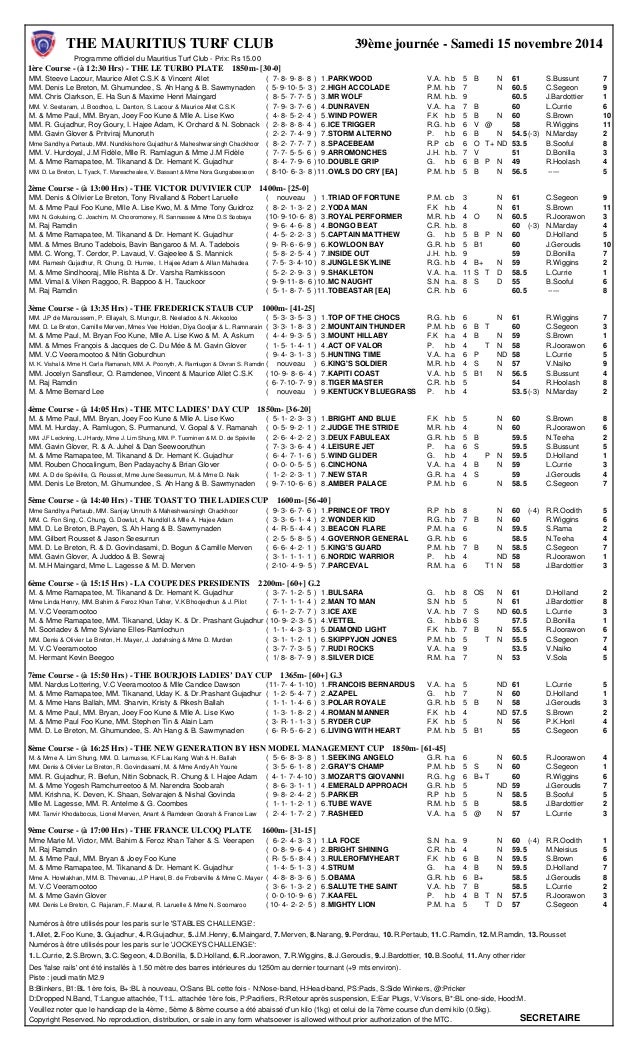 MAURITIUS HORSE RACING PROGRAMME 39ème journée Samedi 15 novembre
