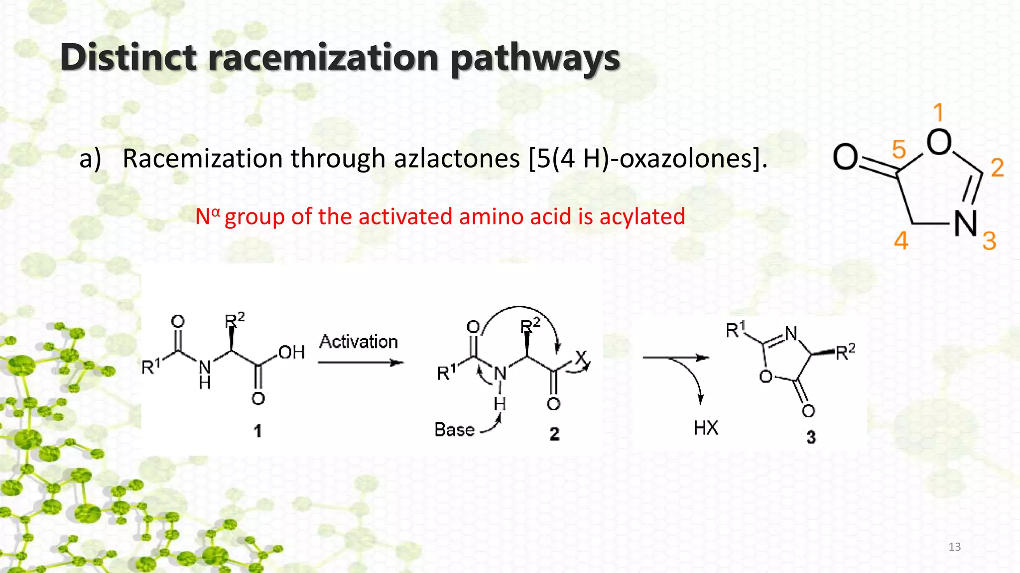 a) Racemization through azlactones [5(4 H)-oxazolones].
Distinct racemization pathways
13
Nα group of the activated amino acid is acylated
 