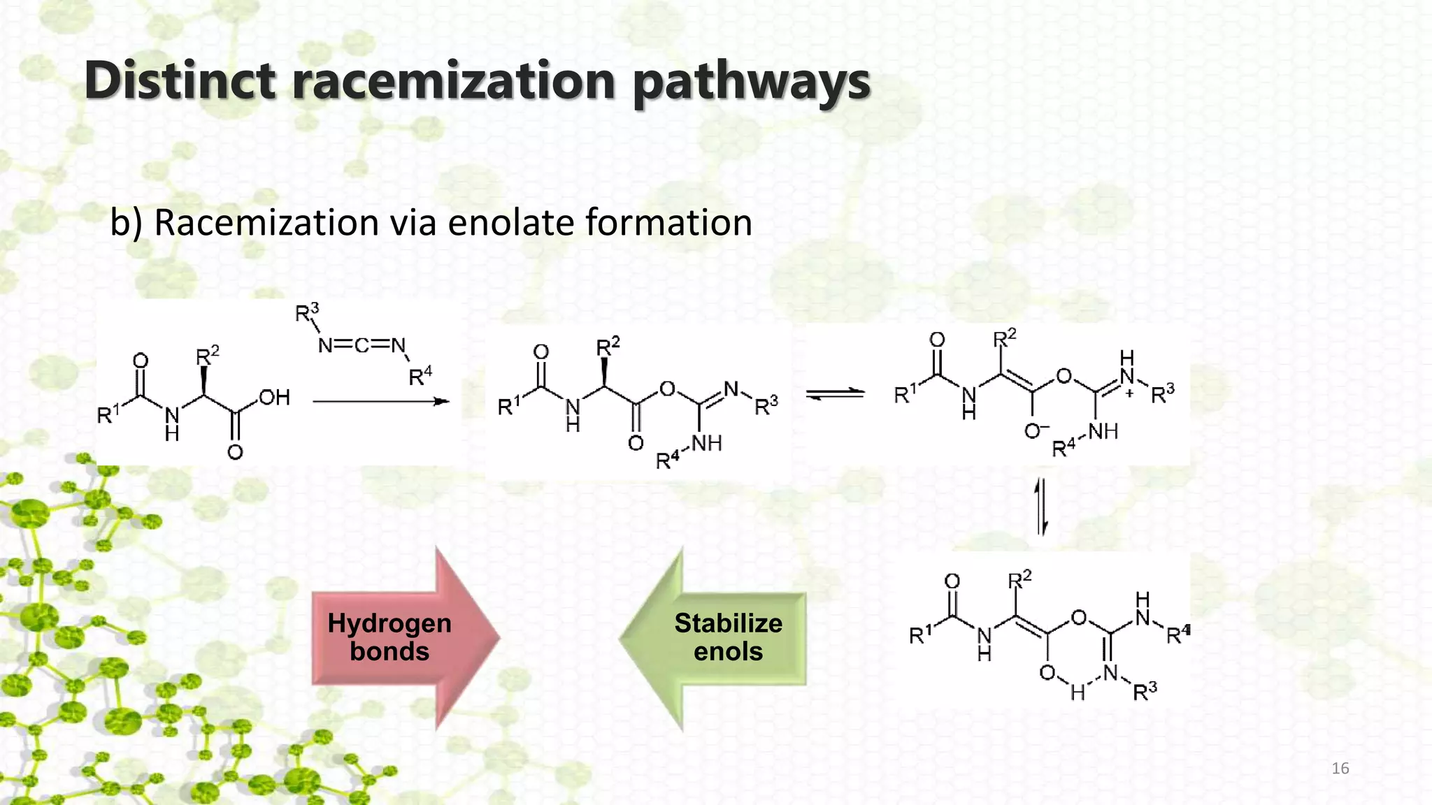 b) Racemization via enolate formation
Distinct racemization pathways
16
Hydrogen
bonds
Stabilize
enols
 