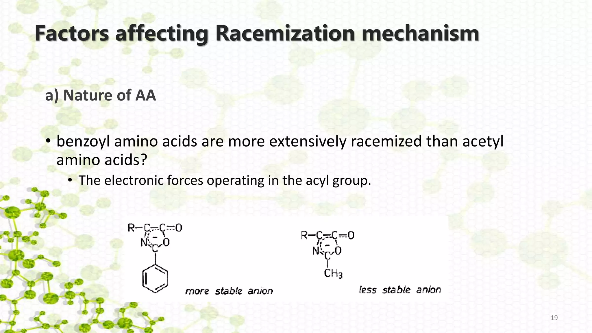 Factors affecting Racemization mechanism
a) Nature of AA
19
• benzoyl amino acids are more extensively racemized than acetyl
amino acids?
• The electronic forces operating in the acyl group.
 