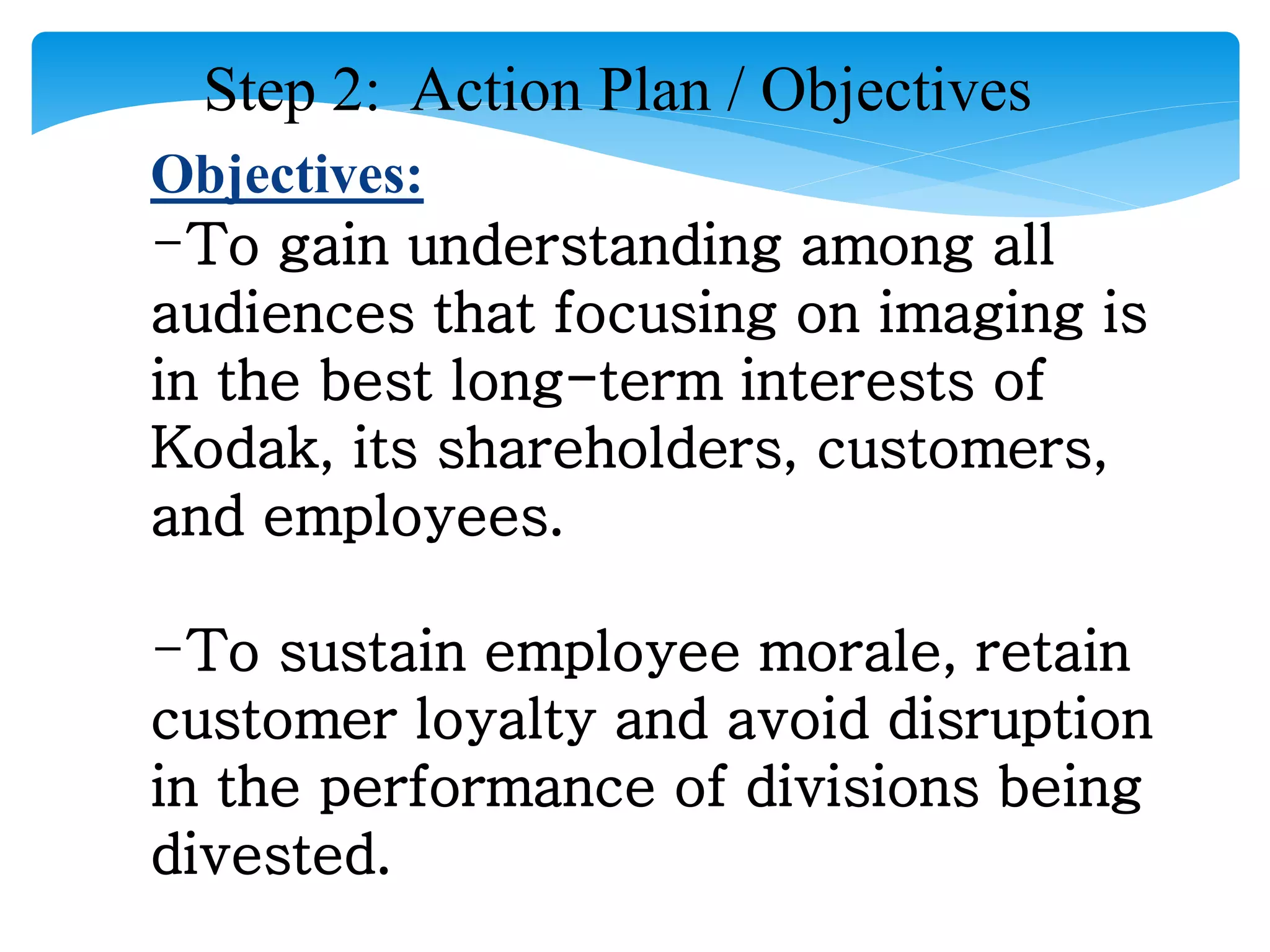Step 2: Action Plan / Objectives
Objectives:
-To gain understanding among all
audiences that focusing on imaging is
in the best long-term interests of
Kodak, its shareholders, customers,
and employees.
-To sustain employee morale, retain
customer loyalty and avoid disruption
in the performance of divisions being
divested.
 