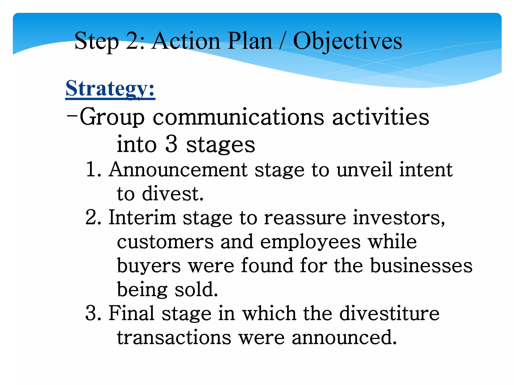 Step 2: Action Plan / Objectives
Strategy:
-Group communications activities
into 3 stages
1. Announcement stage to unveil intent
to divest.
2. Interim stage to reassure investors,
customers and employees while
buyers were found for the businesses
being sold.
3. Final stage in which the divestiture
transactions were announced.
 
