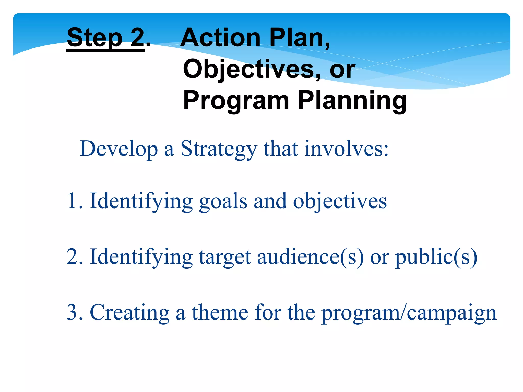 Step 2. Action Plan,
Objectives, or
Program Planning
Develop a Strategy that involves:
1. Identifying goals and objectives
2. Identifying target audience(s) or public(s)
3. Creating a theme for the program/campaign
 
