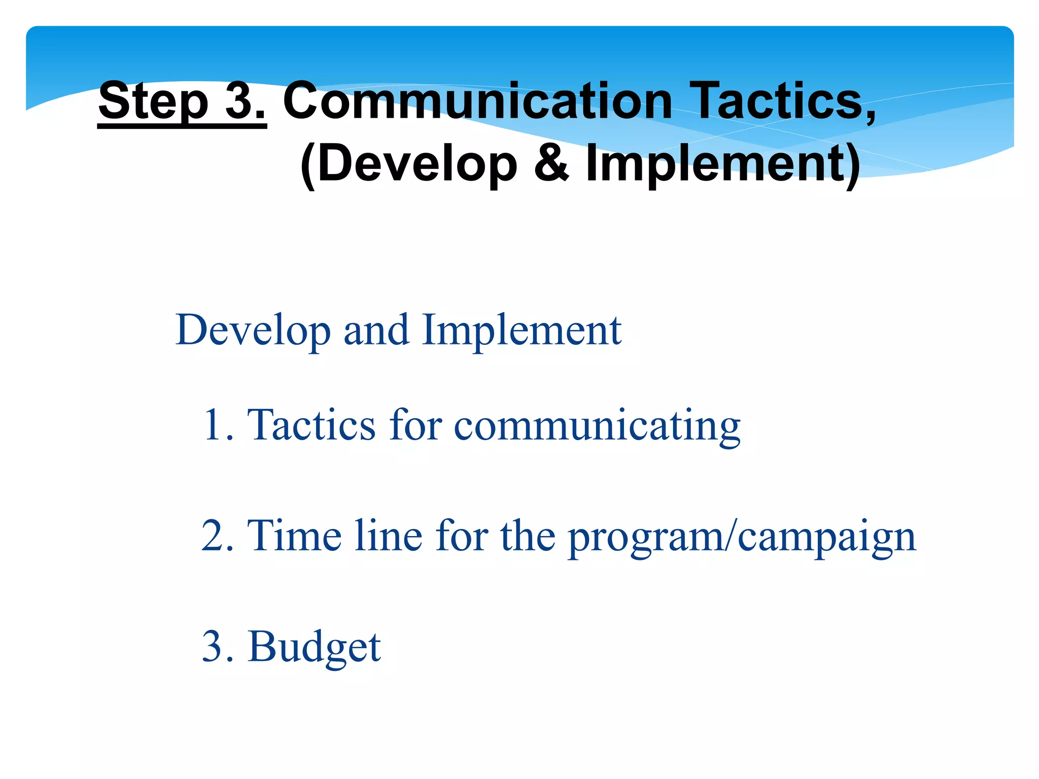 Step 3. Communication Tactics,
(Develop & Implement)
Develop and Implement
1. Tactics for communicating
2. Time line for the program/campaign
3. Budget
 