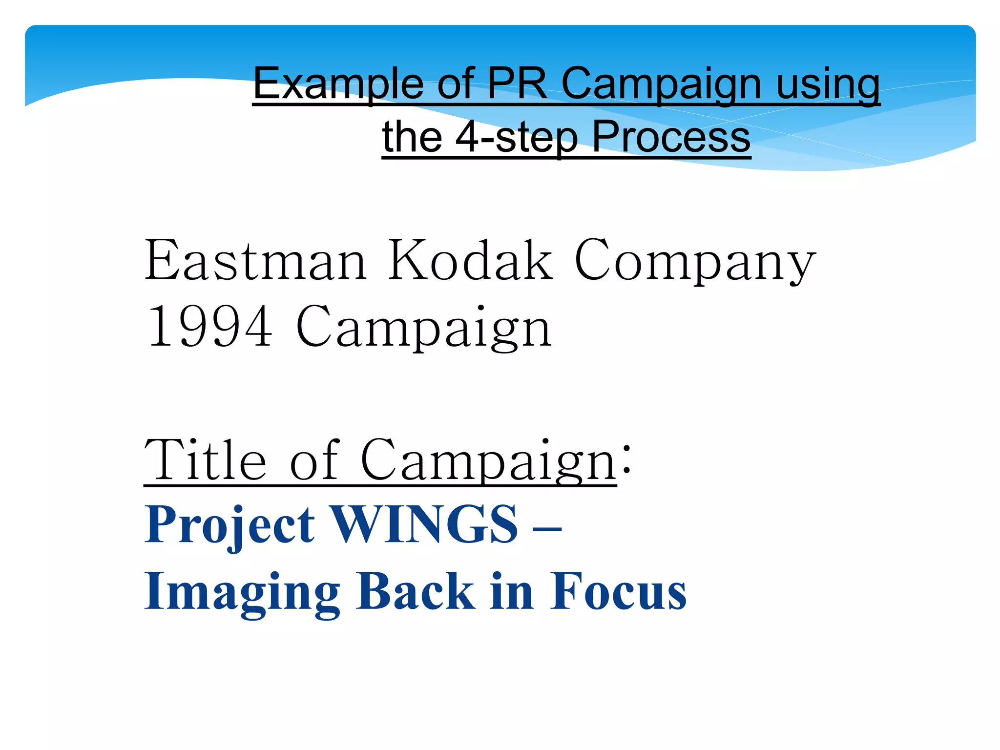 Example of PR Campaign using
the 4-step Process
Eastman Kodak Company
1994 Campaign
Title of Campaign:
Project WINGS –
Imaging Back in Focus
 