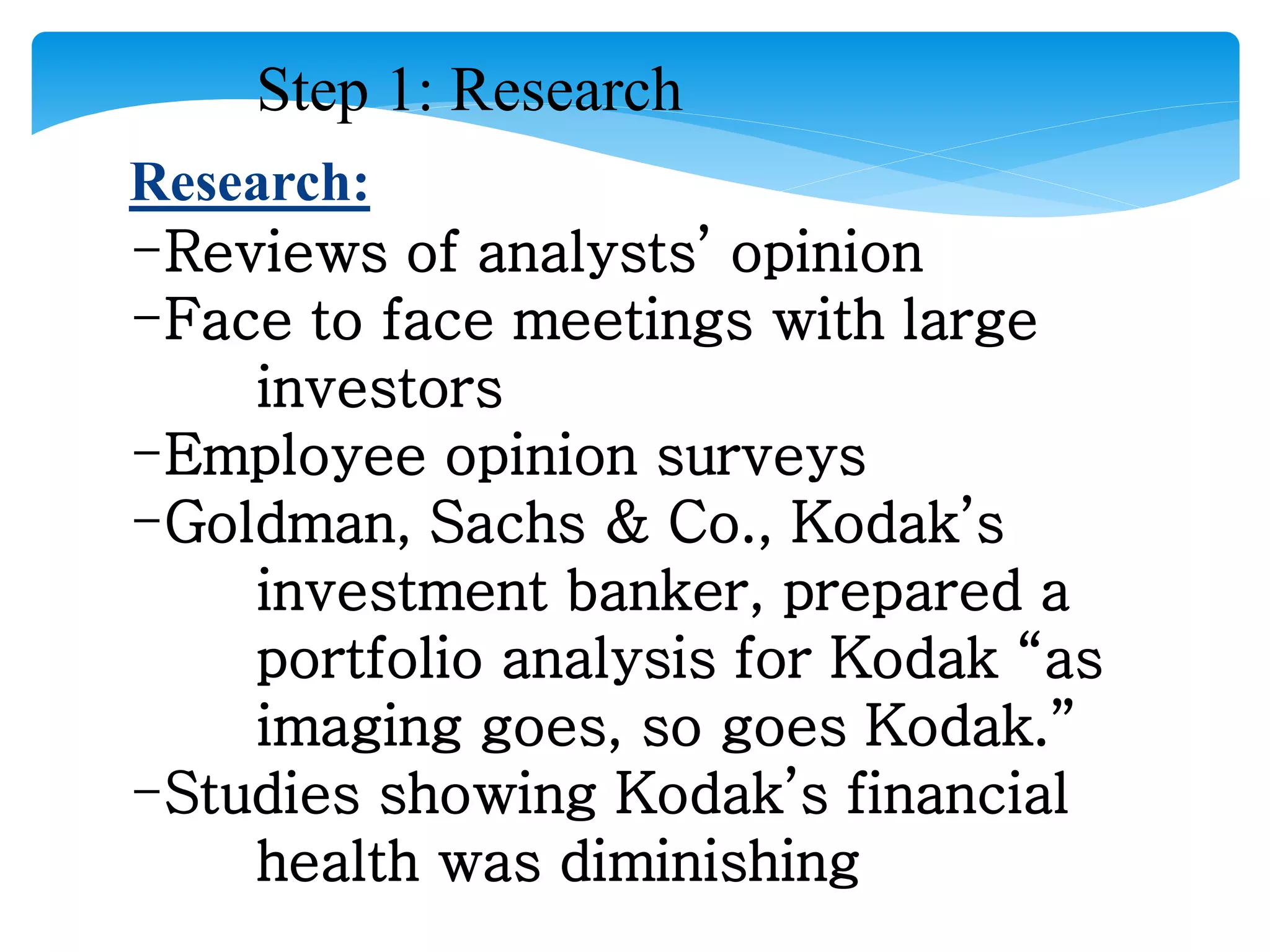 Step 1: Research
Research:
-Reviews of analysts’ opinion
-Face to face meetings with large
investors
-Employee opinion surveys
-Goldman, Sachs & Co., Kodak’s
investment banker, prepared a
portfolio analysis for Kodak “as
imaging goes, so goes Kodak.”
-Studies showing Kodak’s financial
health was diminishing
 