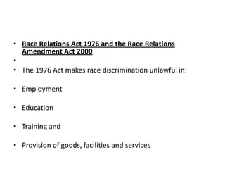 Race Relations Act 1976 and the Race Relations Amendment Act 2000 The 1976 Act makes race discrimination unlawful in:EmploymentEducation Training and  Provision of goods, facilities and services