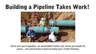 Building a Pipeline Takes Work!
Once you put it together, an automated Vortex can serve you leads for
years... but you’ll need a team to keep your Vortex flowing.
 